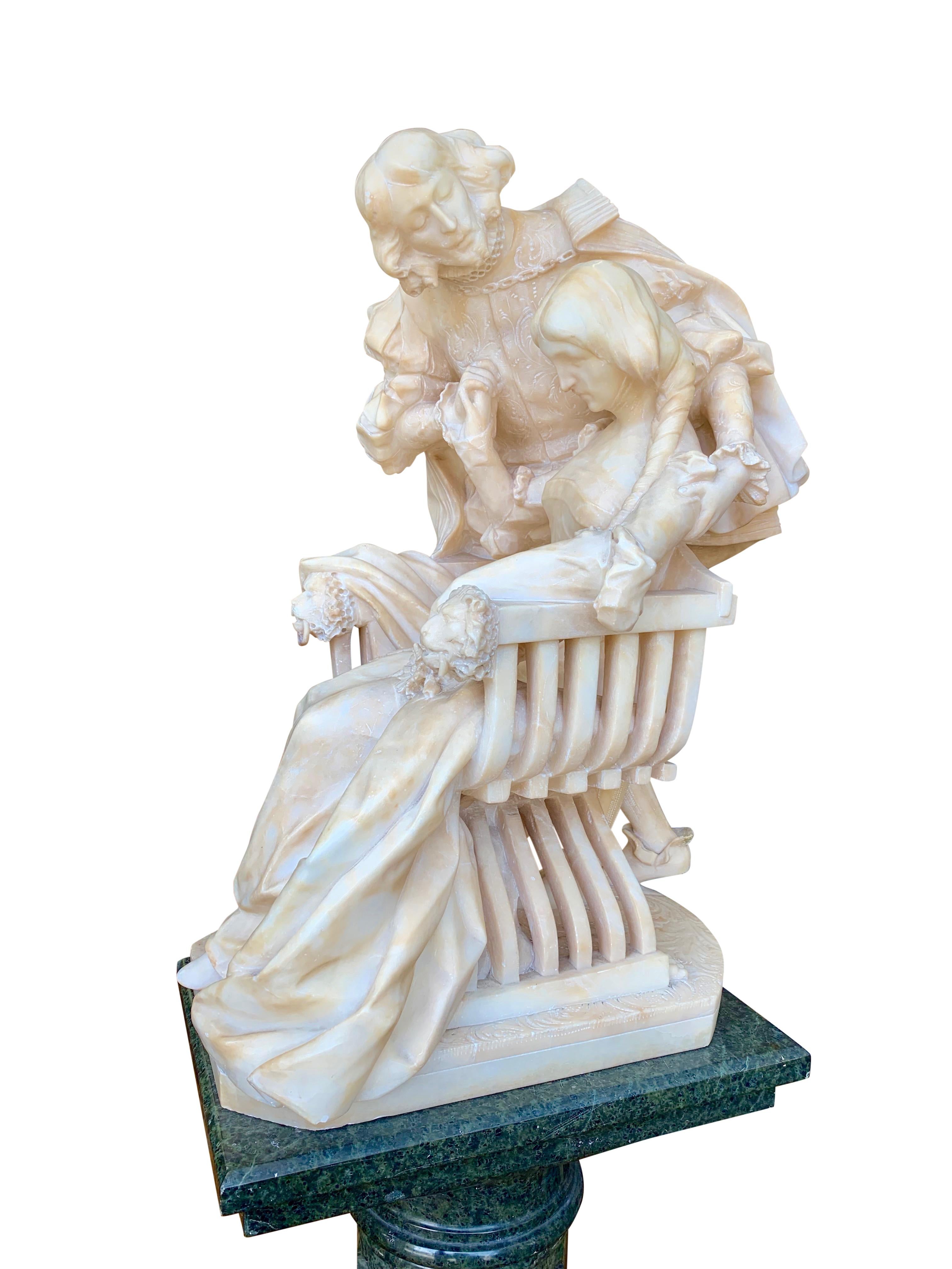 European Alabaster Group of a Cavalier and Lady with Pedestal For Sale