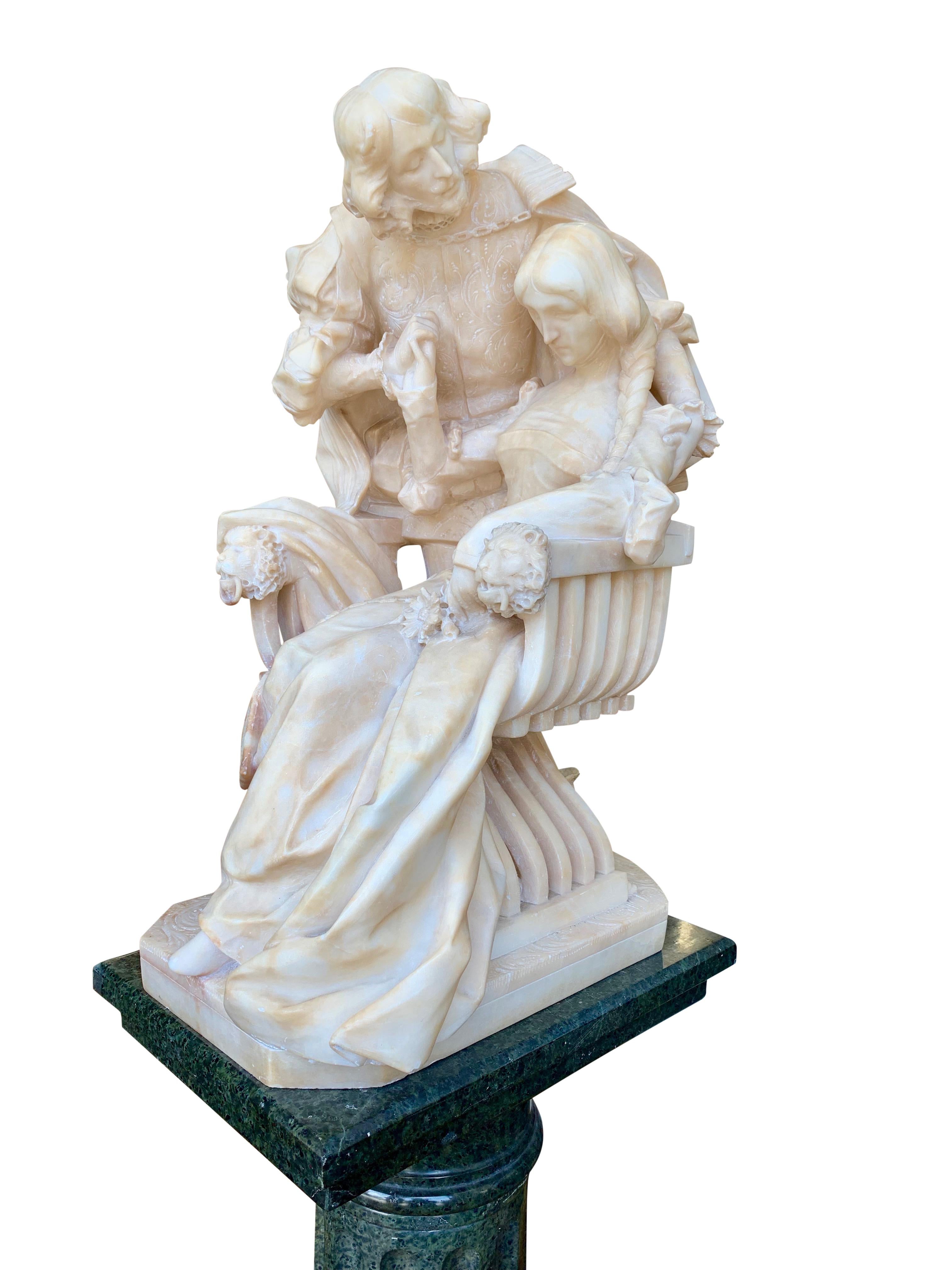 Alabaster Group of a Cavalier and Lady with Pedestal In Good Condition For Sale In Los Angeles, CA