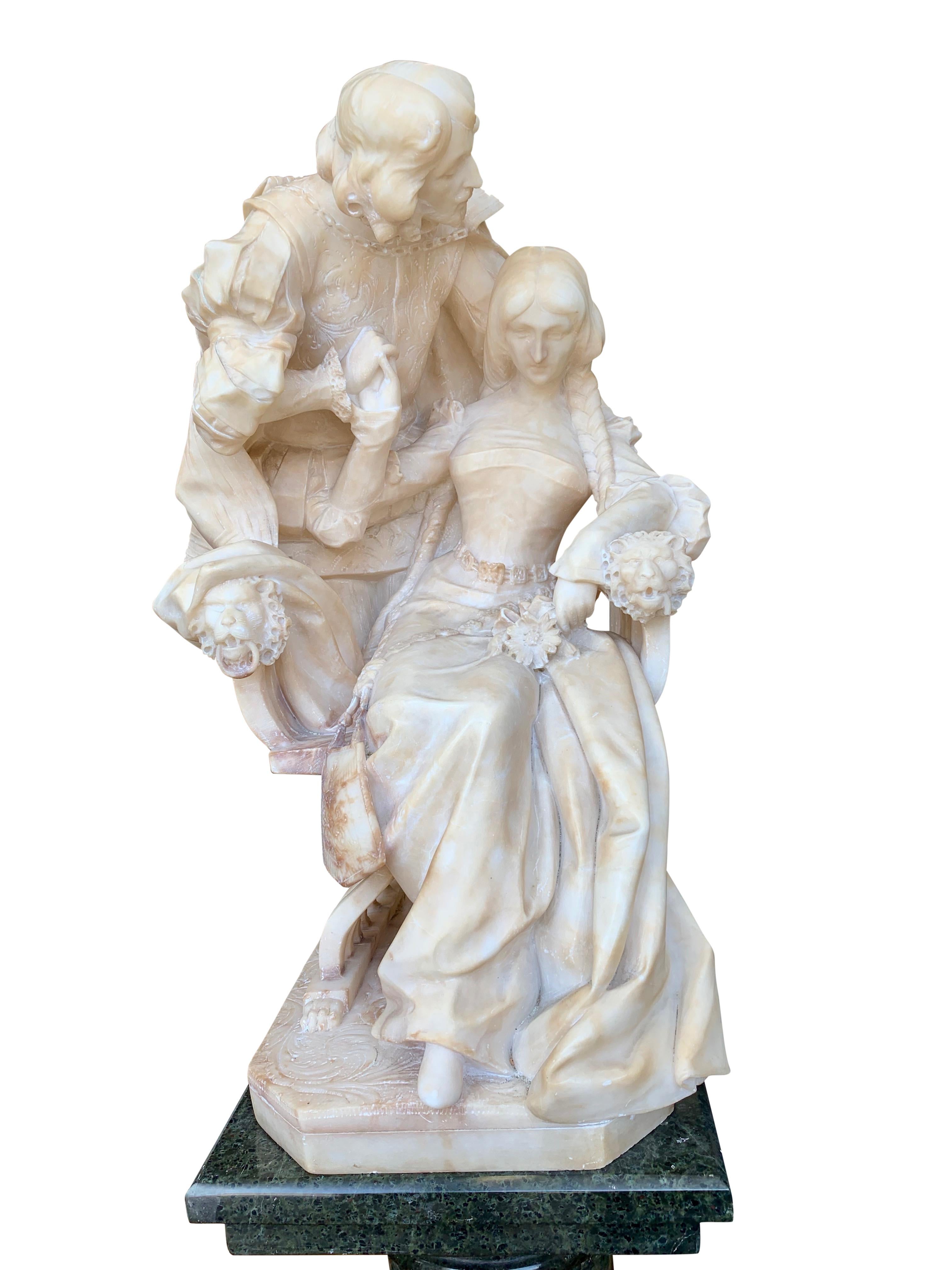 19th Century Alabaster Group of a Cavalier and Lady with Pedestal For Sale