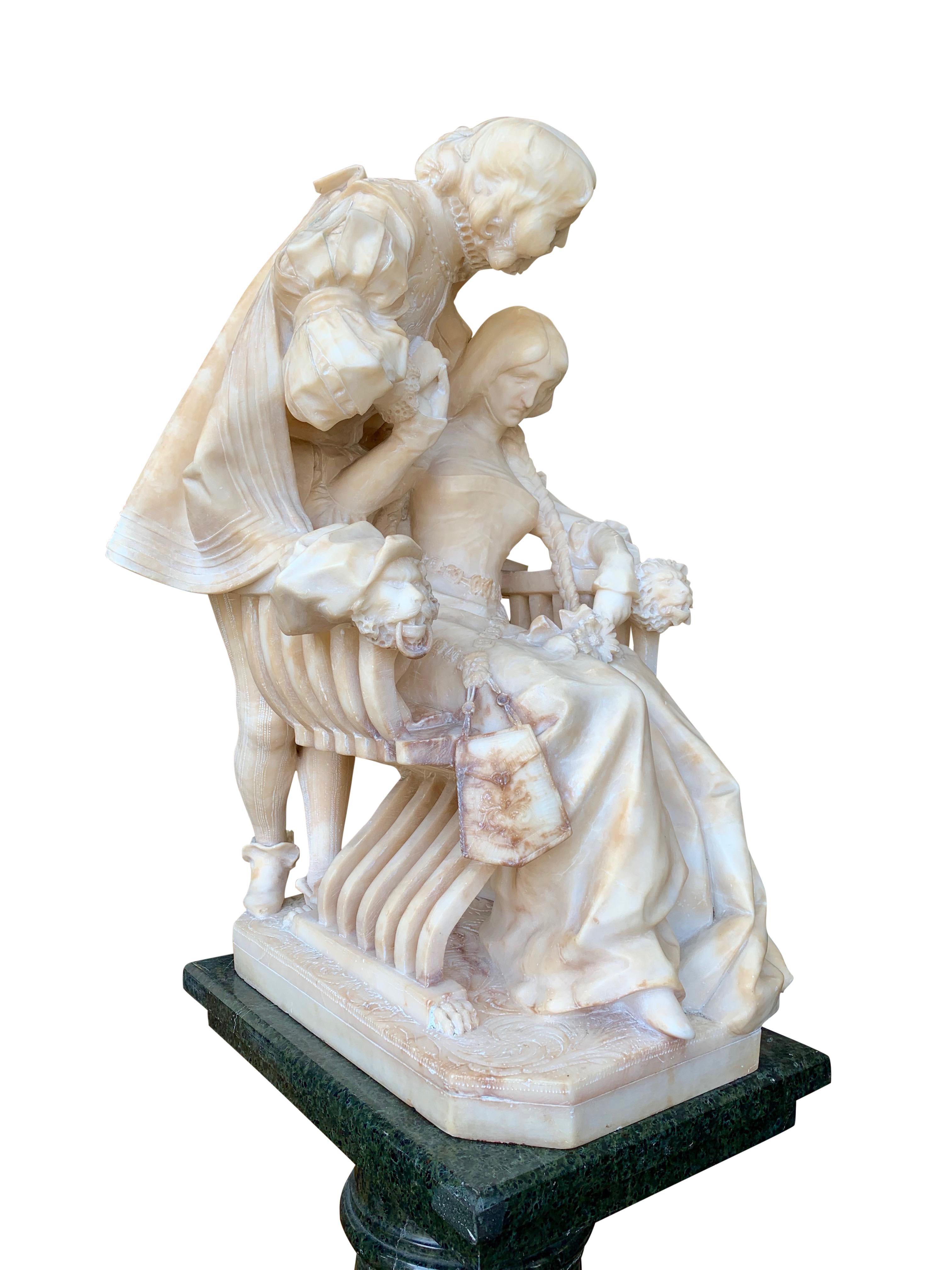 Alabaster Group of a Cavalier and Lady with Pedestal For Sale 1