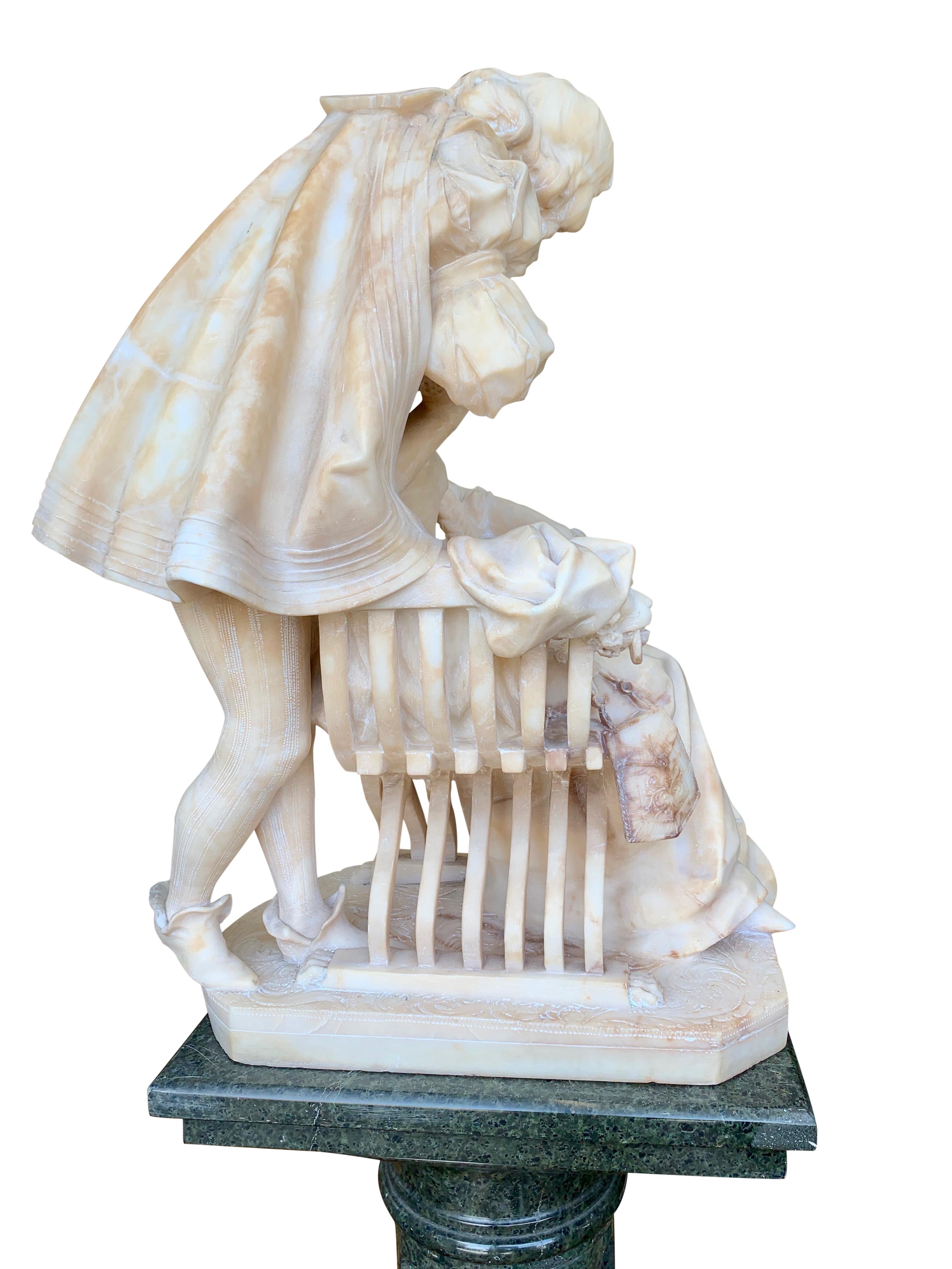 Alabaster Group of a Cavalier and Lady with Pedestal For Sale 2