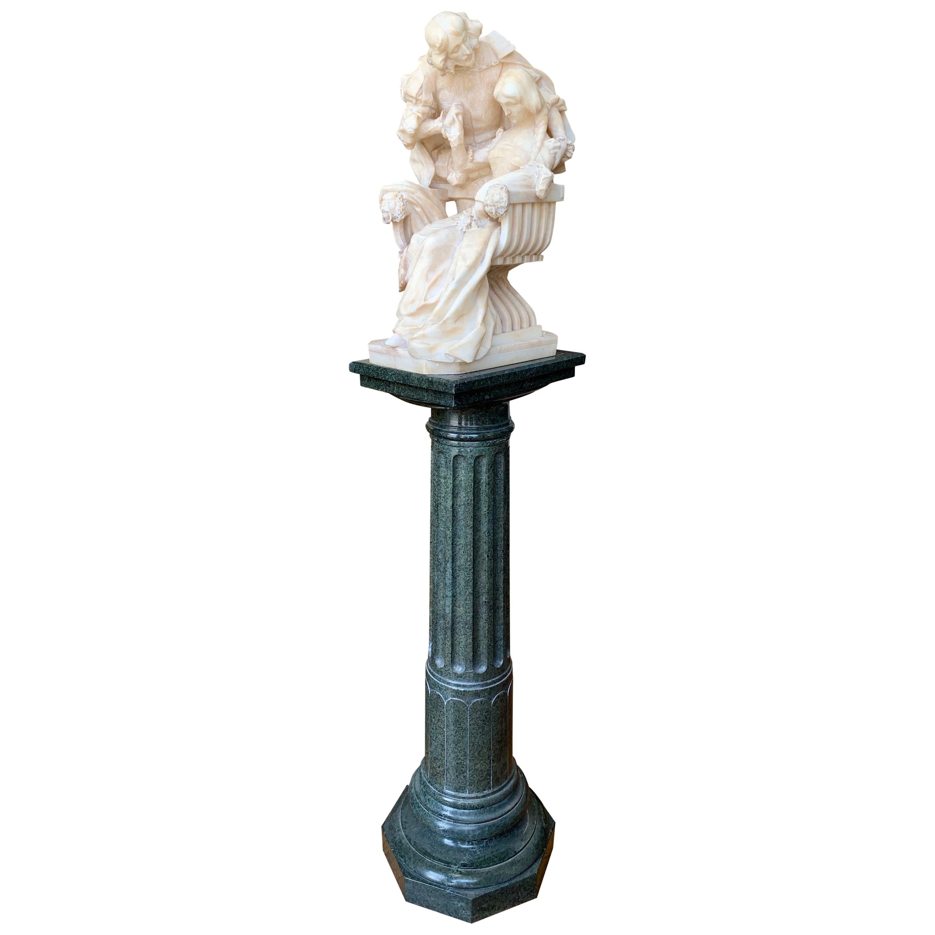 Alabaster Group of a Cavalier and Lady with Pedestal For Sale