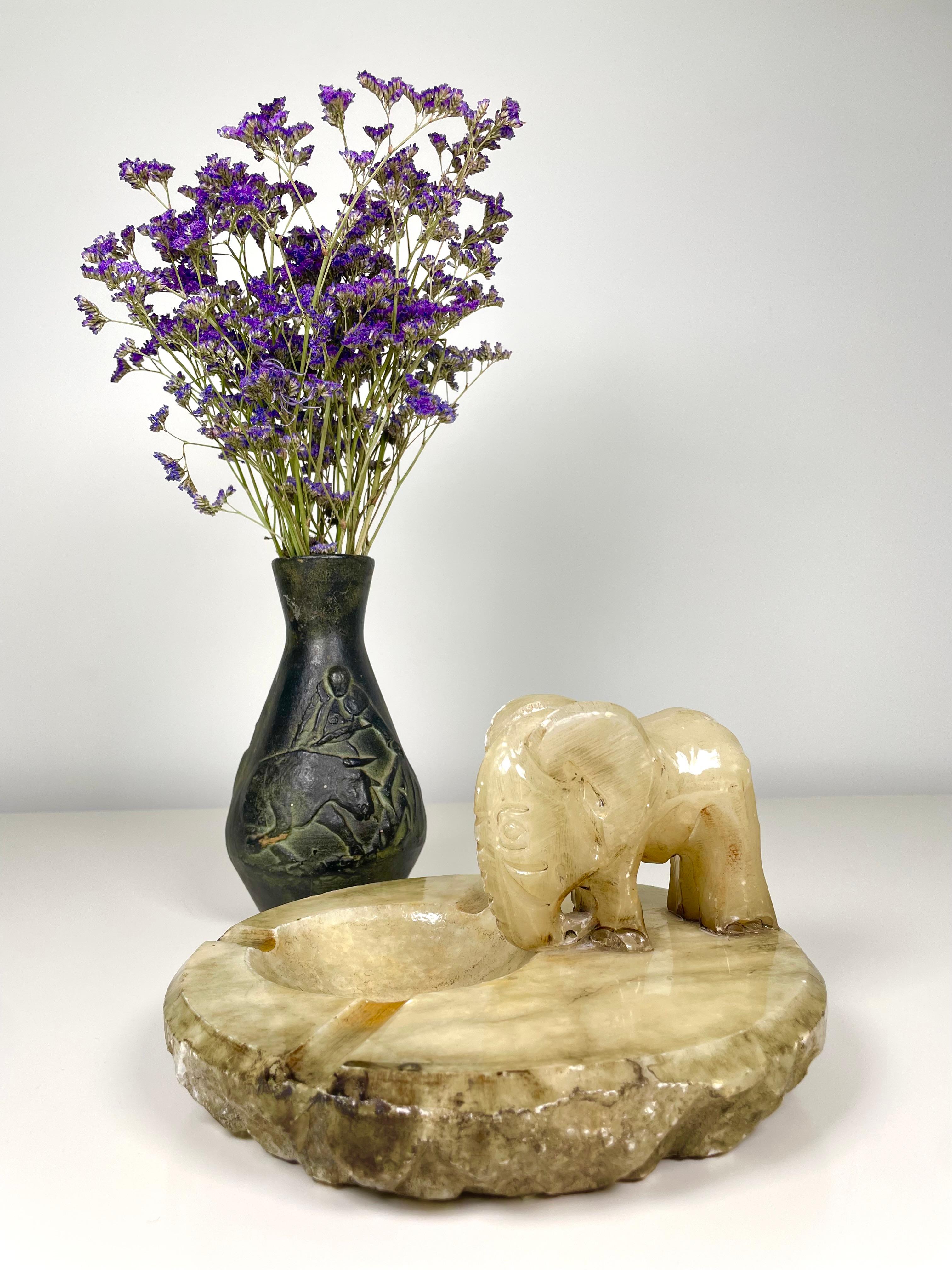 Mid-Century Modern Alabaster Hand Carved Vintage Elephant Ashtray For Sale