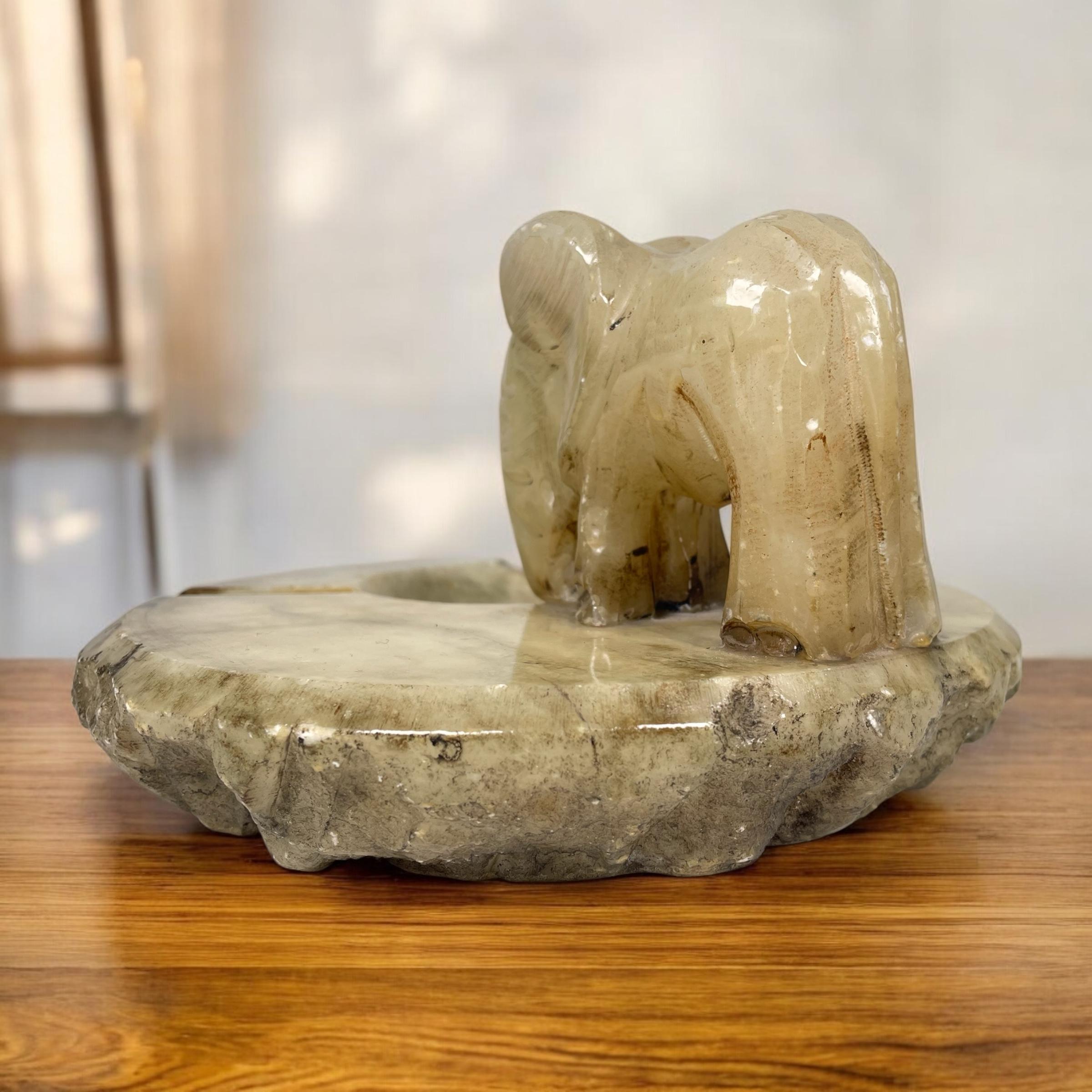 European Alabaster Hand Carved Vintage Elephant Ashtray For Sale