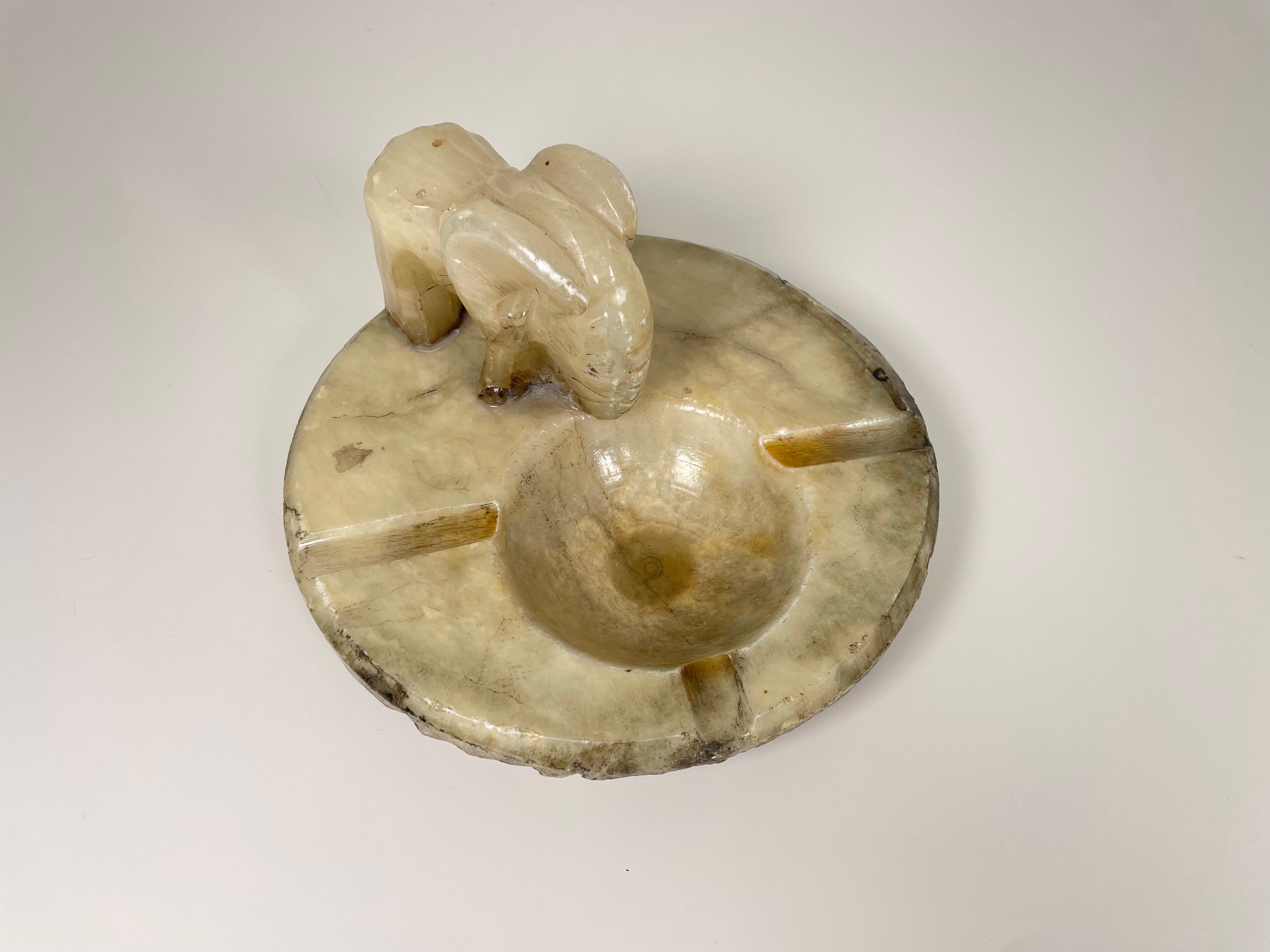 Alabaster Hand Carved Vintage Elephant Ashtray For Sale 1