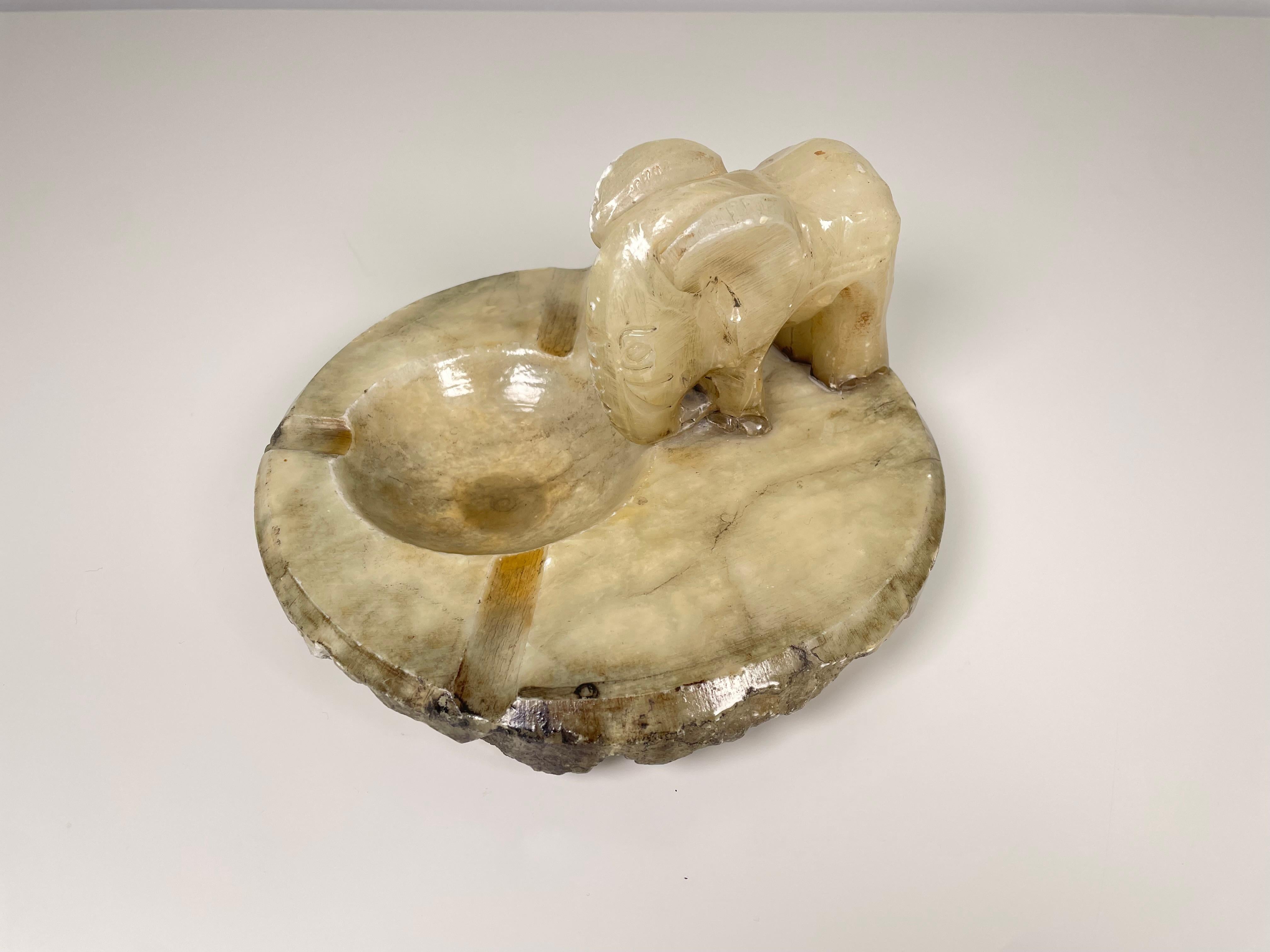Alabaster Hand Carved Vintage Elephant Ashtray For Sale 2