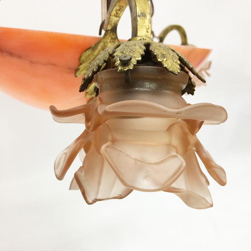 European Alabaster Hanging Lamp with Fire-Gilded Ornaments, 1910-1920 For Sale