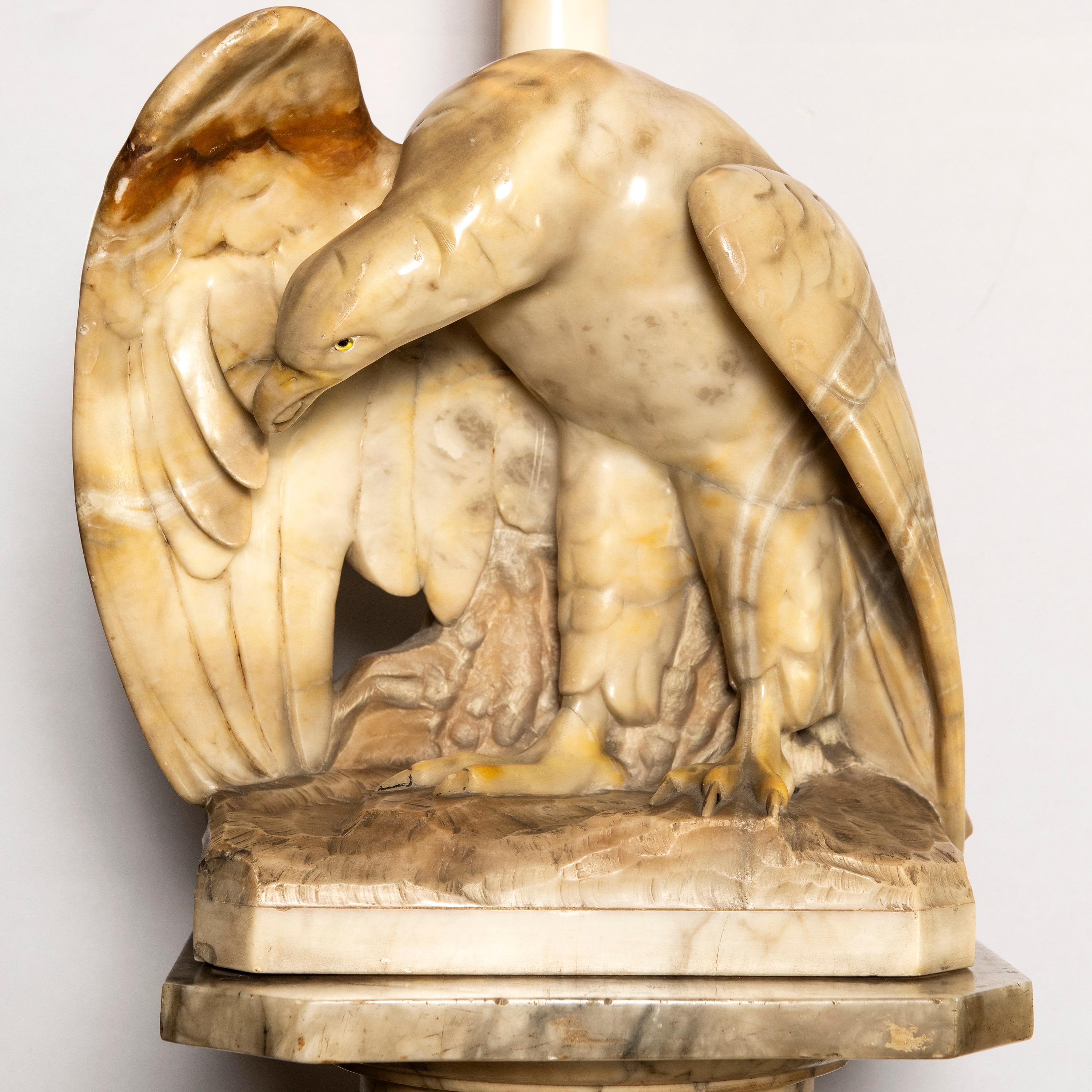 Italian Alabaster Lamp with Eagle and Base, Art Deco Period, Italy, Early 20th Century For Sale