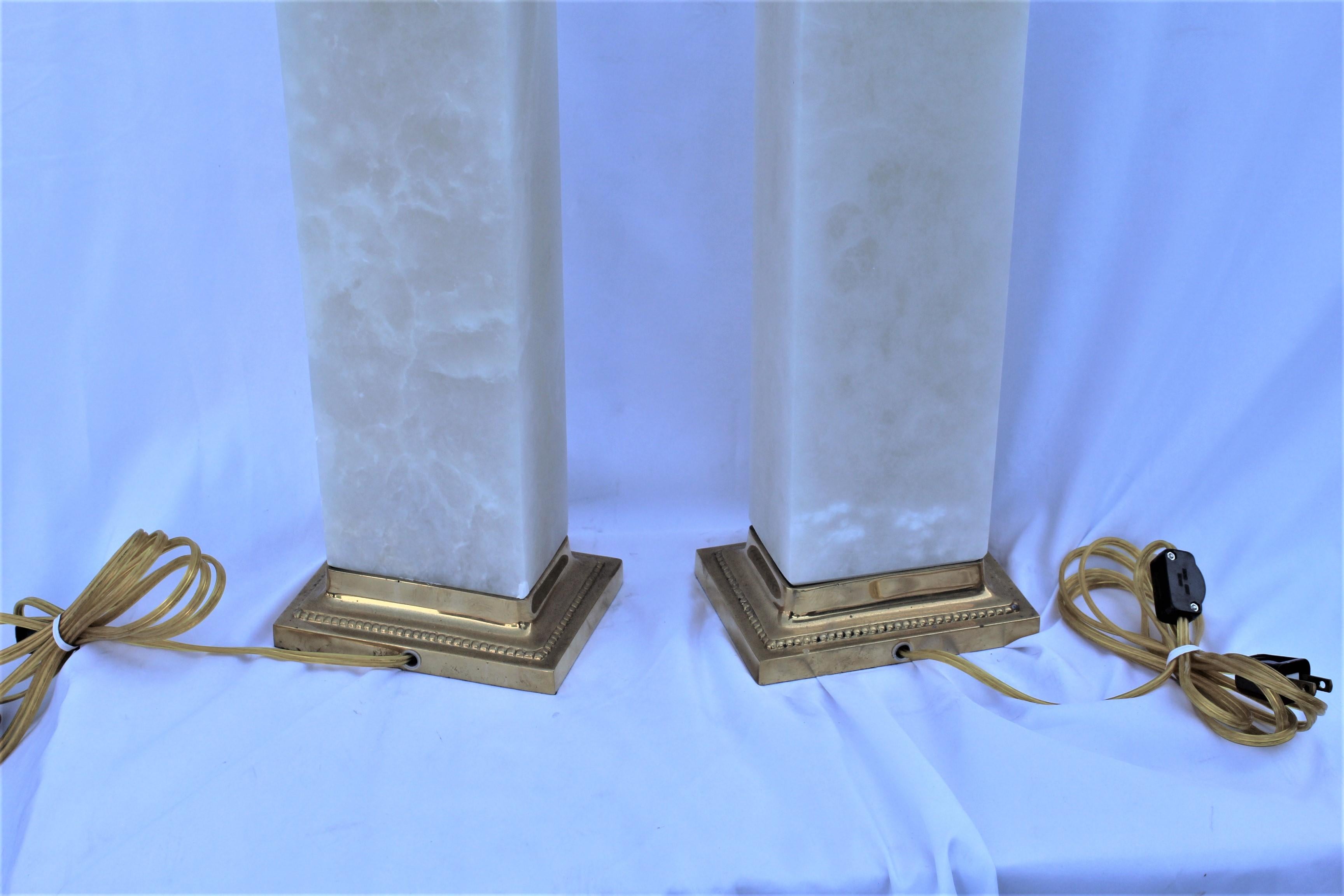 American Alabaster Lamps, Solid Blocks, Hi-Polished Brass For Sale