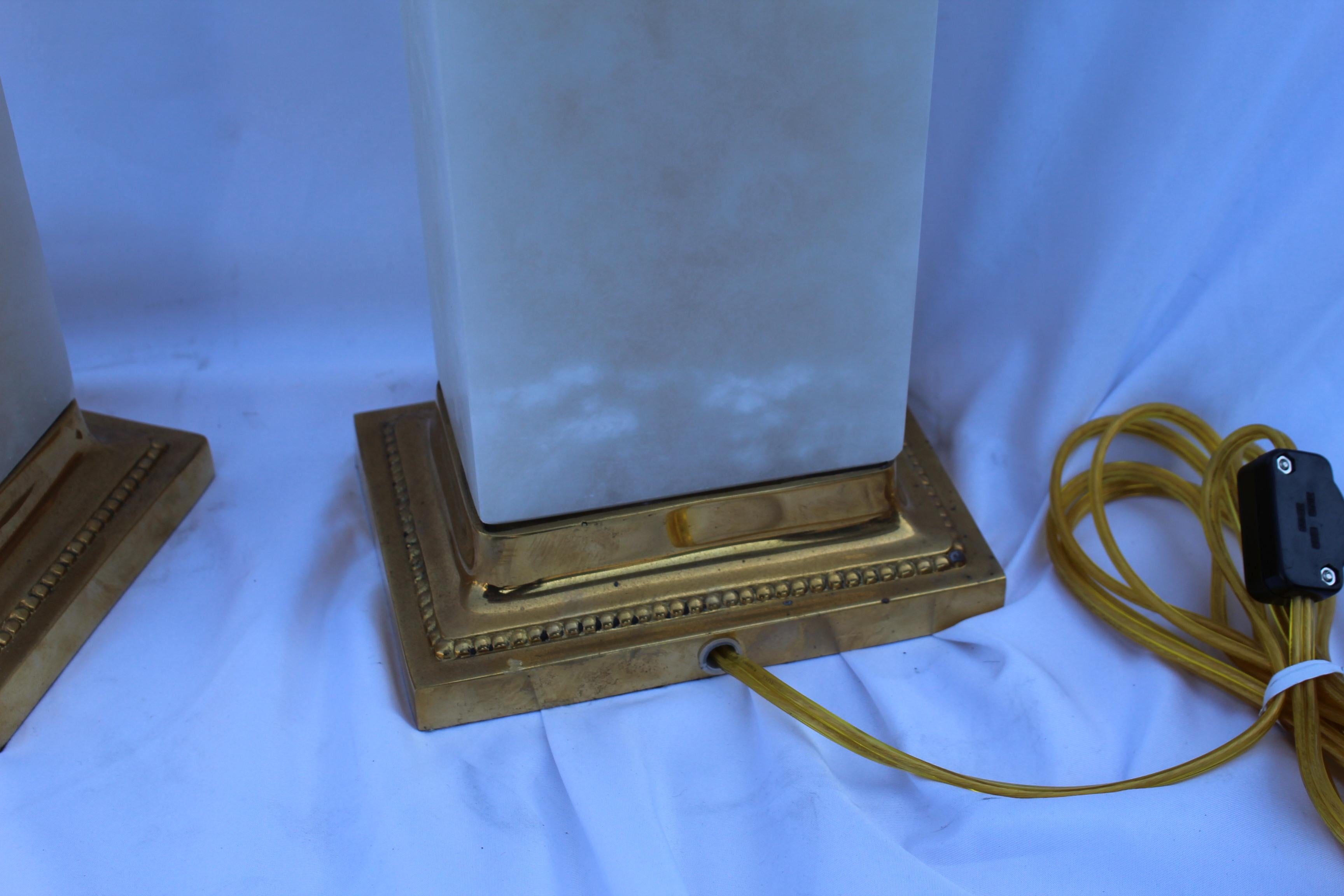 Carved Alabaster Lamps, Solid Blocks, Hi-Polished Brass For Sale