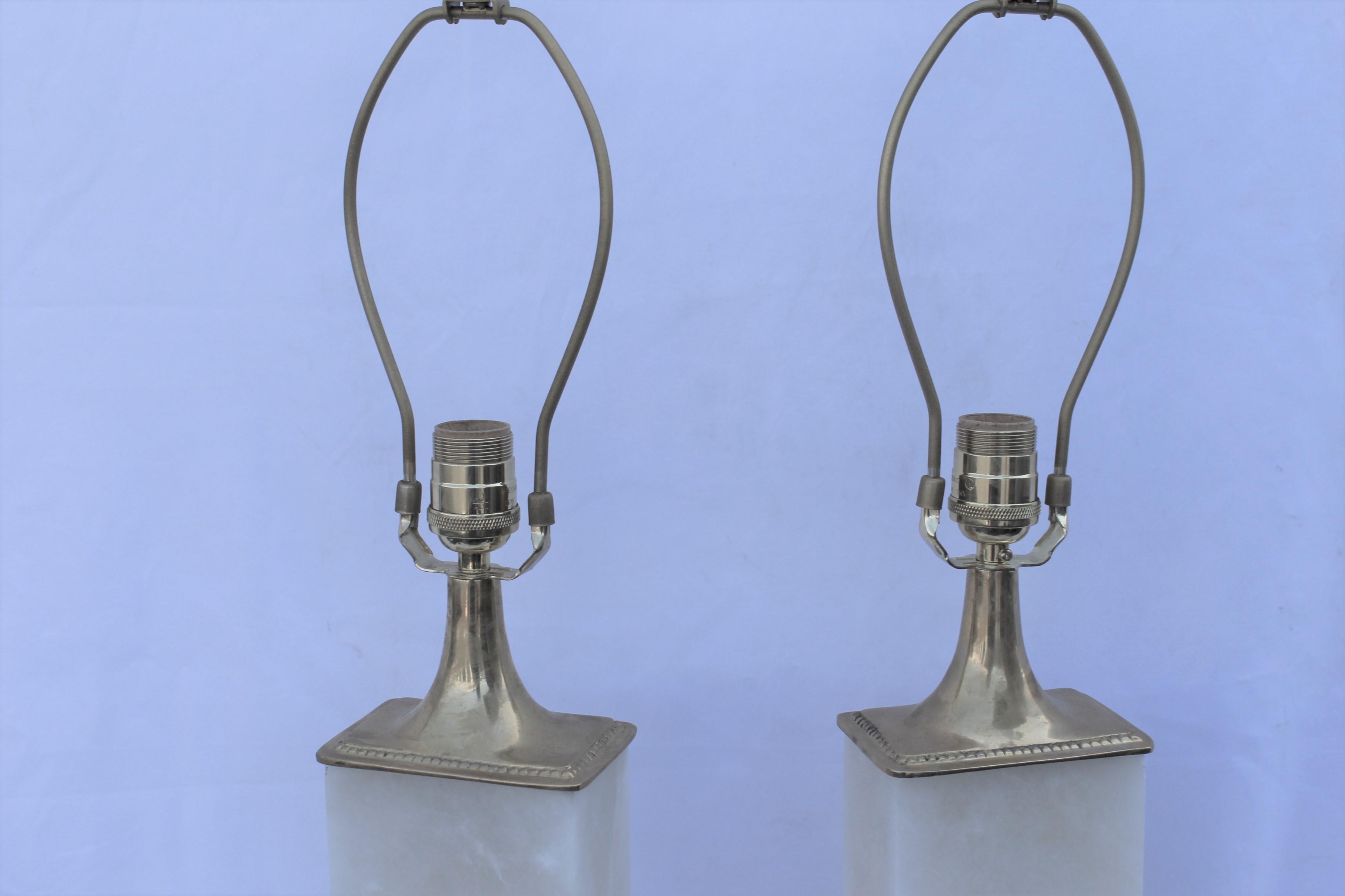 Alabaster Lamps, Solid Blocks, Hi-Polished Brass In Good Condition For Sale In Los Angeles, CA