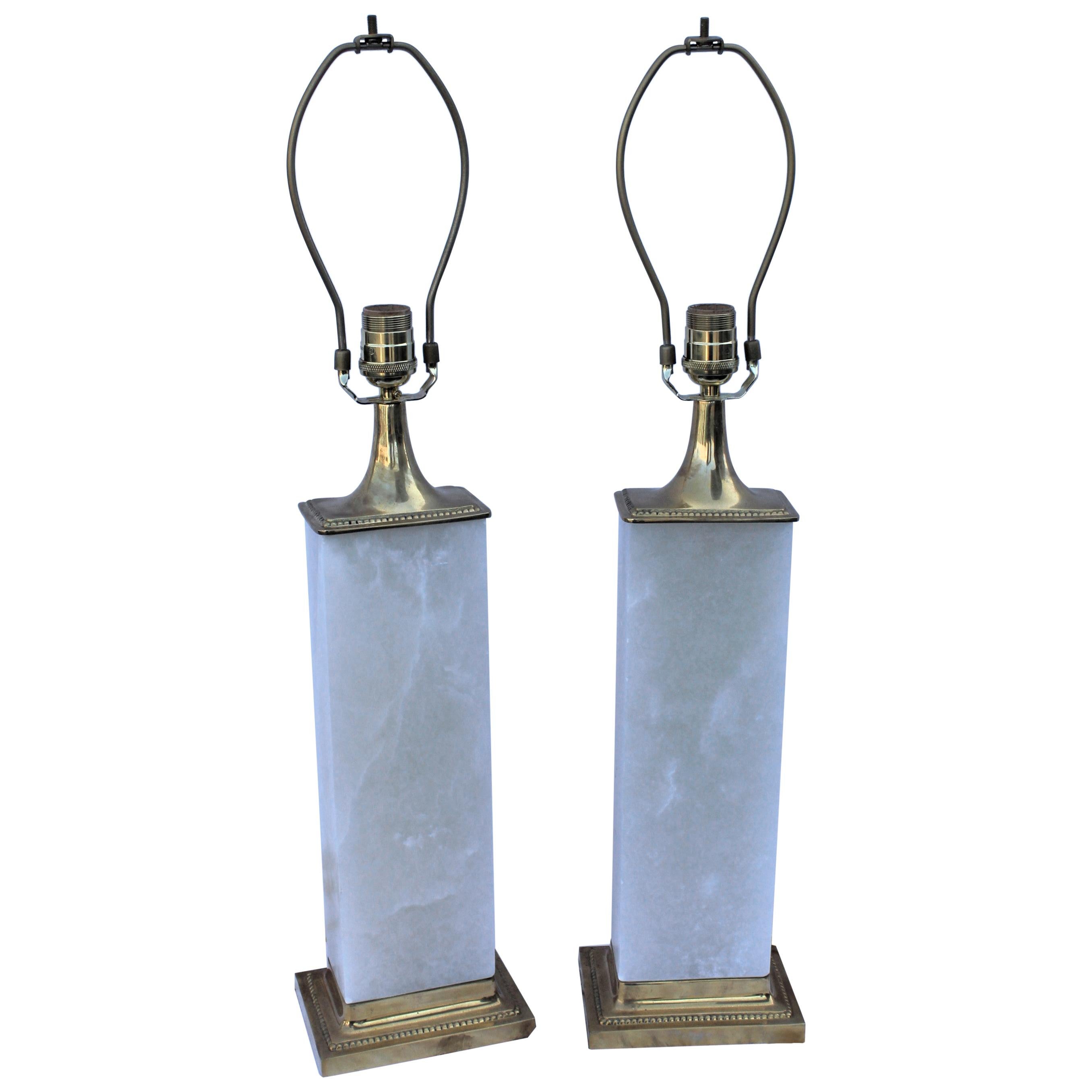 Alabaster Lamps, Solid Blocks, Hi-Polished Brass For Sale