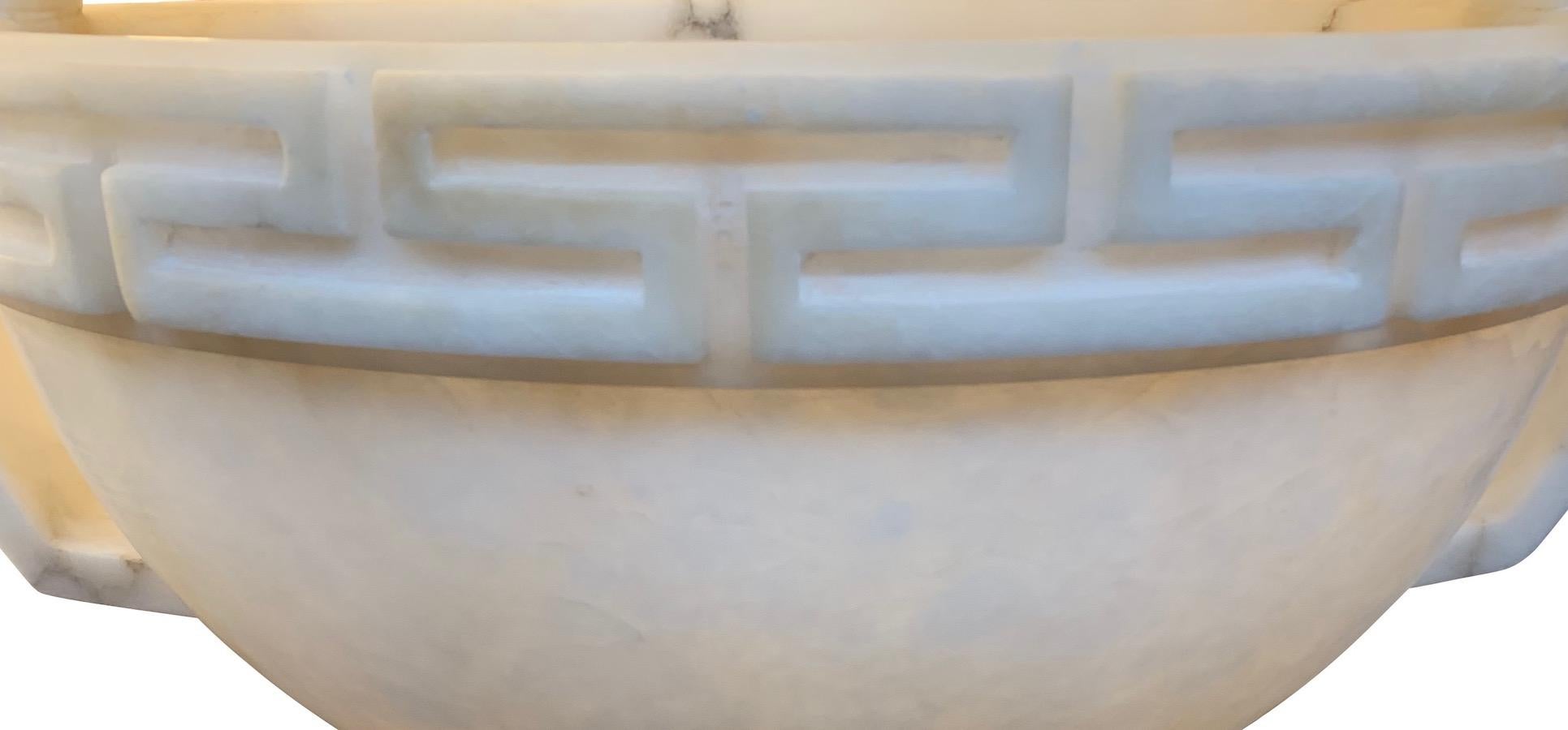Alabaster Large Footed Greek Key Motif Bowl, Italy, Contemporary In New Condition For Sale In New York, NY