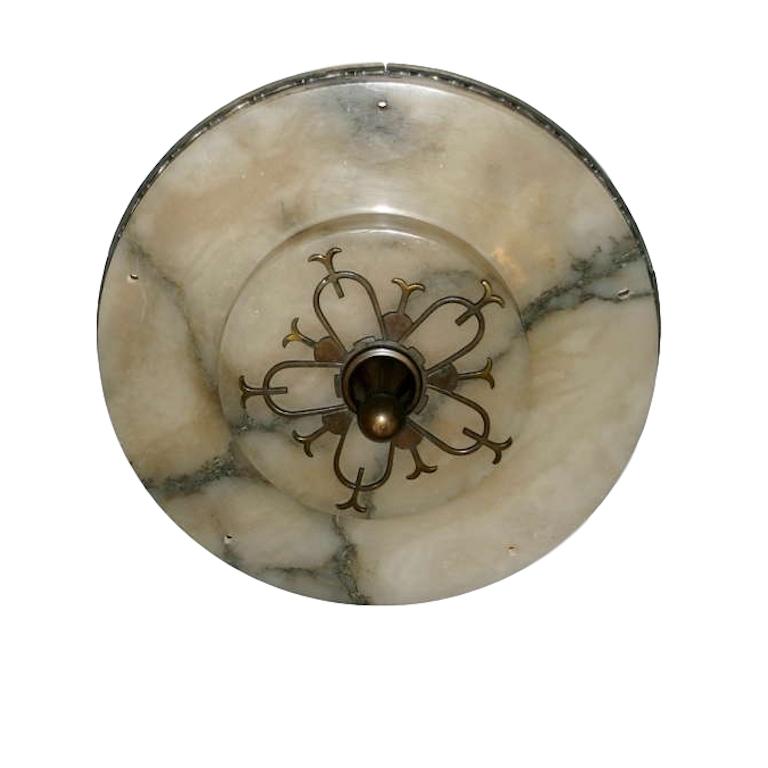 Patinated Alabaster Light Fixture with Bronze Detailing For Sale