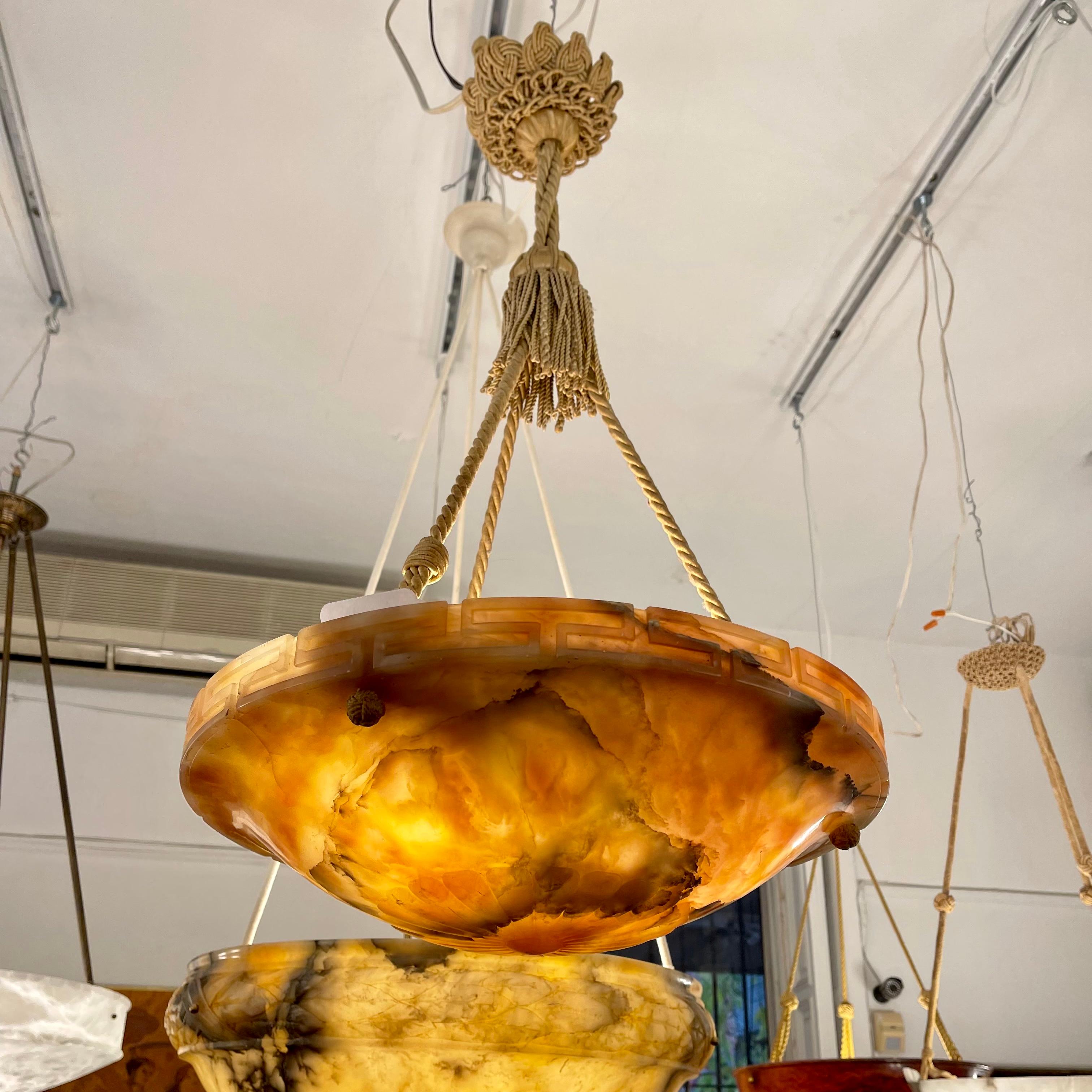 Carved Alabaster Light Fixture with Greek Key, Sweden, 1900