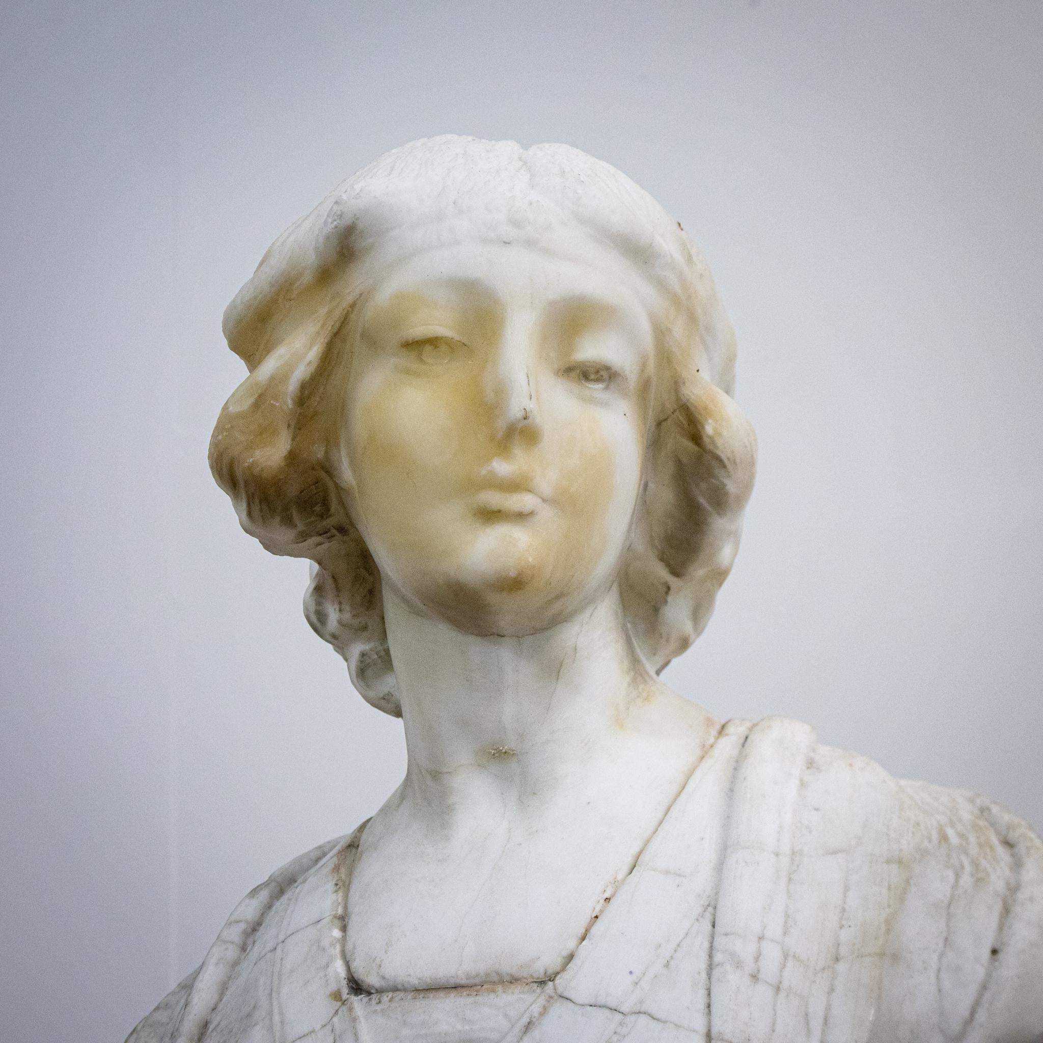 French Alabaster & Marble Bust of Young Woman For Sale