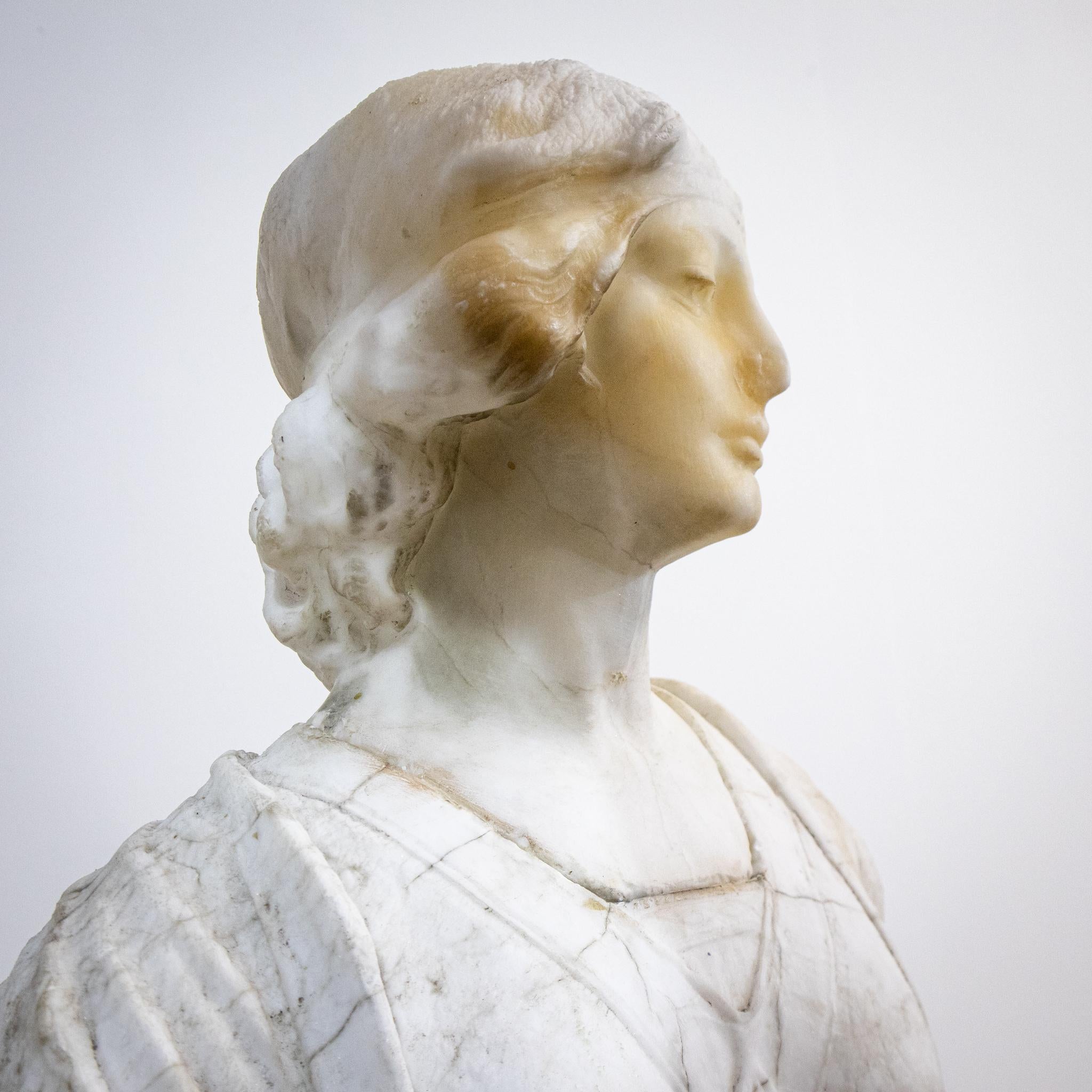 Alabaster & Marble Bust of Young Woman For Sale 3