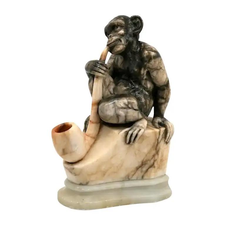 Alabaster Monkey Sculpture, End 19th C In Good Condition For Sale In Saint-Amans-des-Cots, FR