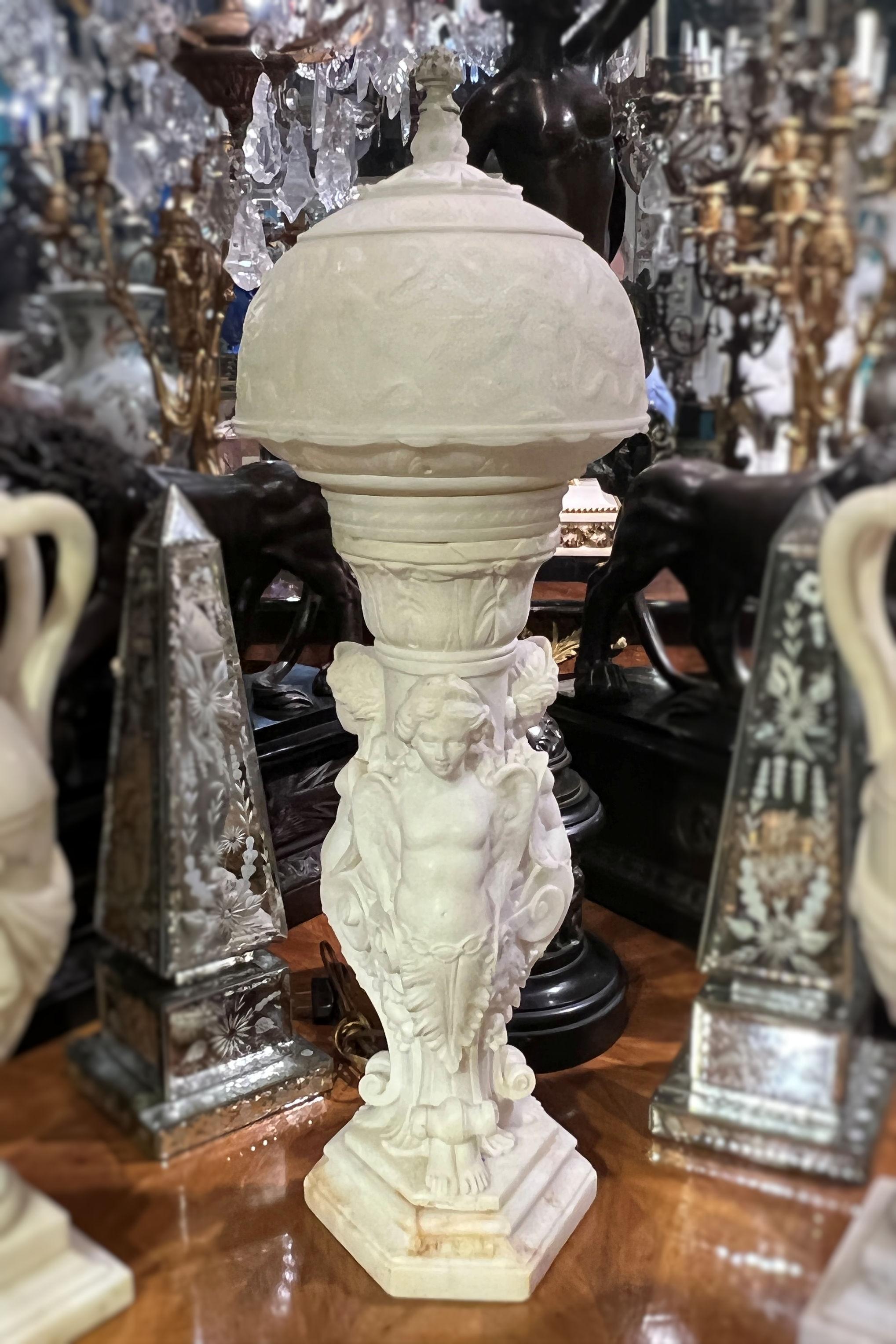 A very fine quality Italian turn of the century Alabaster Neoclassical figural lamp.