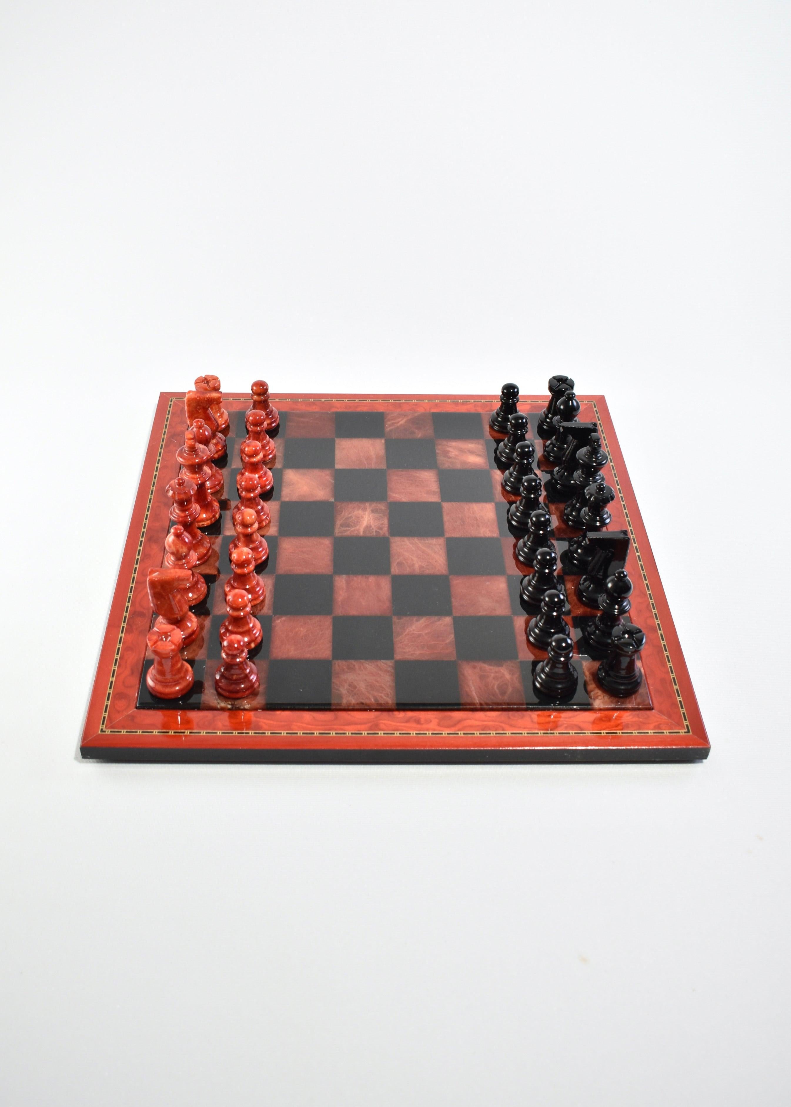 Beautiful, vintage alabaster and black onyx chess set with decorative wood trim.

Dimensions: 
Board measures 15 in (38.1 cm) wide.
Chess pieces measure between 1.5 in (3.81 cm) and 3 in (7.62 cm) tall.