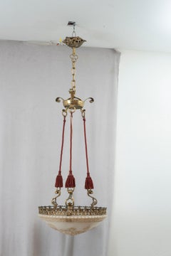 Alabaster Pendant/Chandelier w/ Bronze Decoration and Detailed Carving ca. 1910