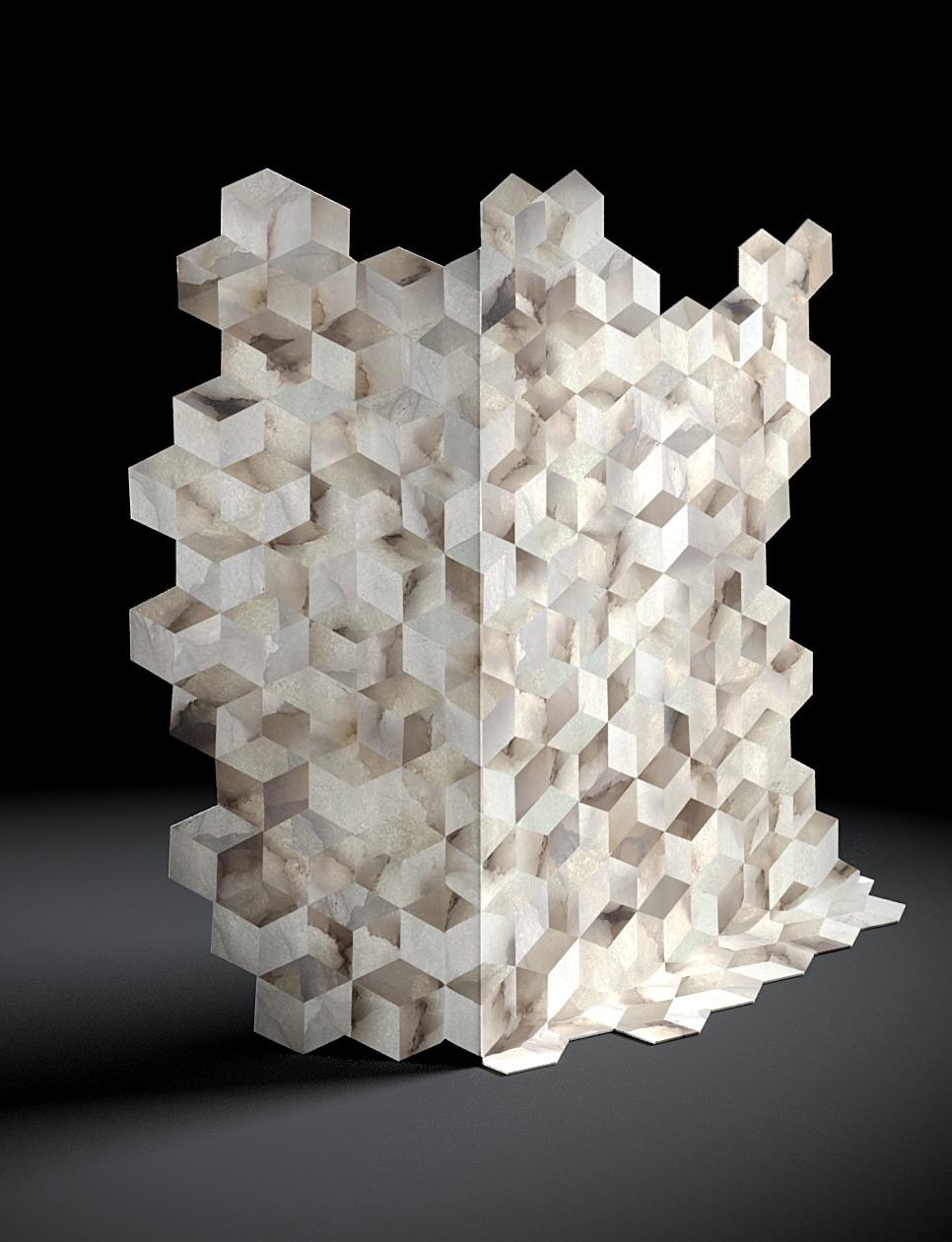 Alabaster Screen by Andrea Giomi
Dimensions: D 210 x W 100 x H 190 cm
Materials: Alabaster Volterra.
Also available in another marble version.

One of a kind inspired by the Basilica San Marco in Venice. Hexagonal shapes take shape giving a very