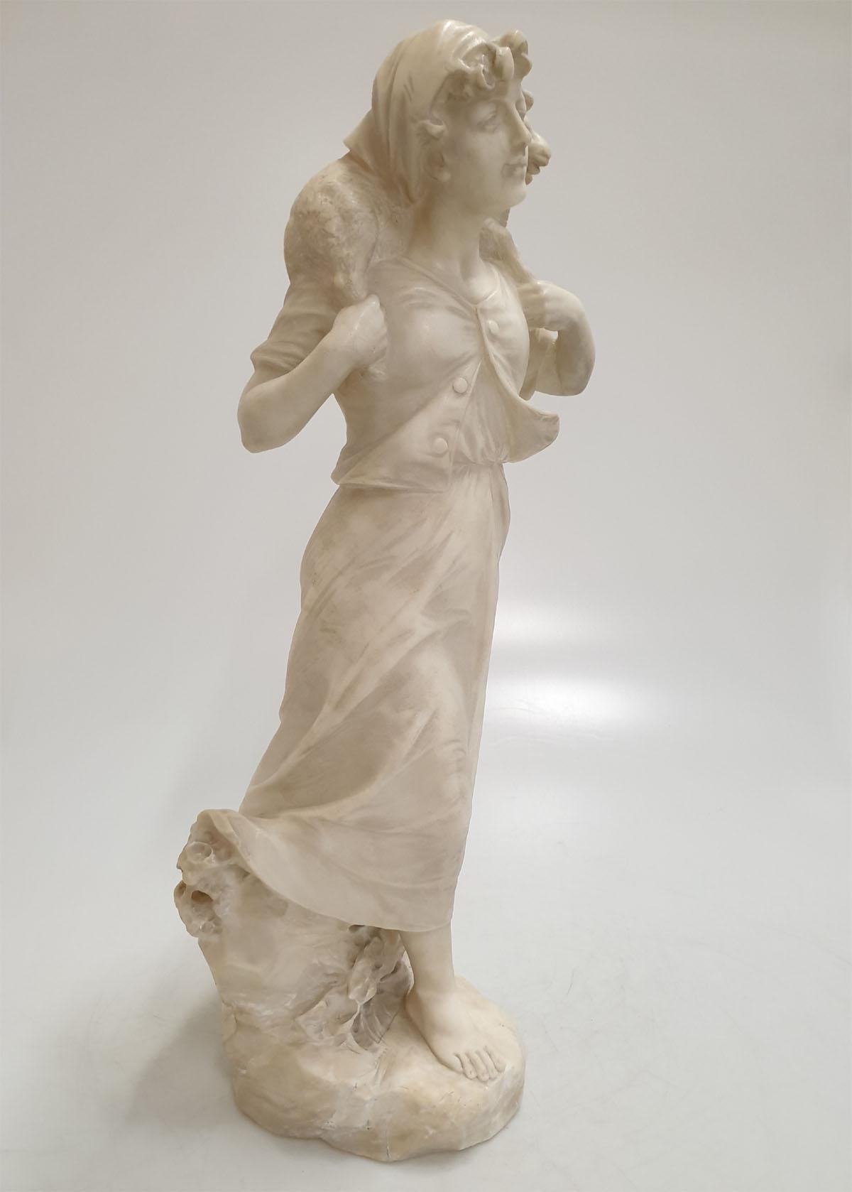 Italian Alabaster Sculpture by Donatello Gabbrielli Shepherdess with Sheep, 1920