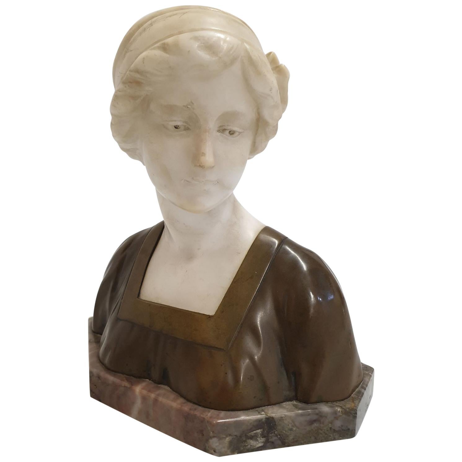 Alabaster Sculpture Girl's Bust Signed R Pauli End of the 19th Century