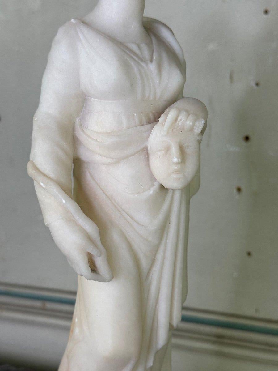 Alabaster Sculpture, Lady With Mask In The Taste Of Antique, 19th Century For Sale 1