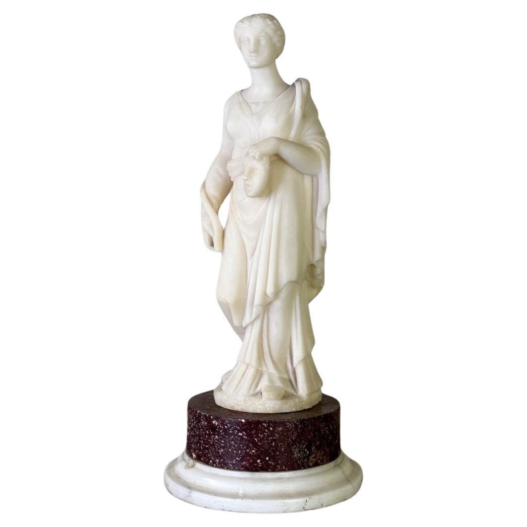 Alabaster Sculpture, Lady With Mask In The Taste Of Antique, 19th Century For Sale