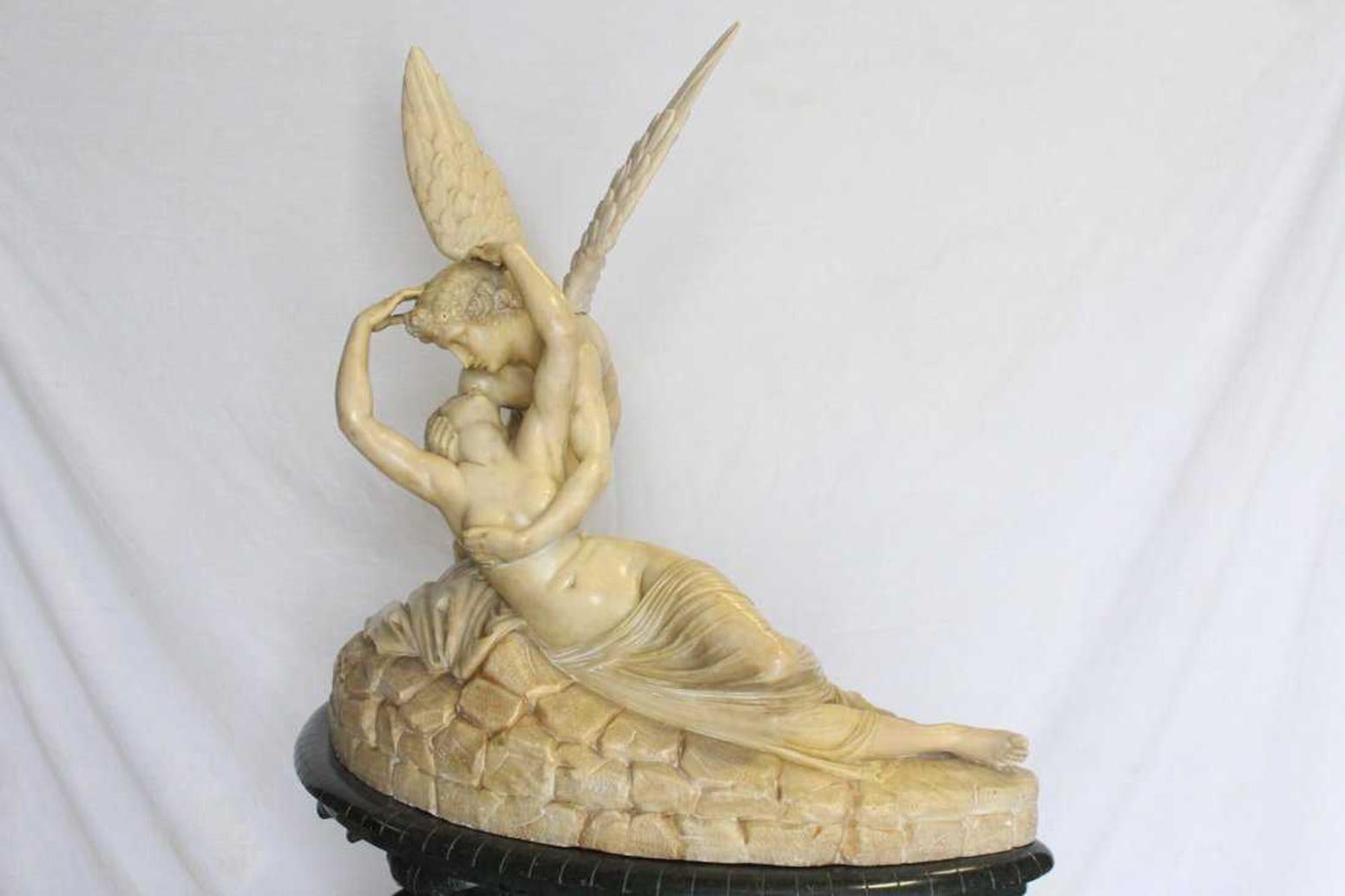 Marble Alabaster Sculpture Psyche and Cupid on Pedestal