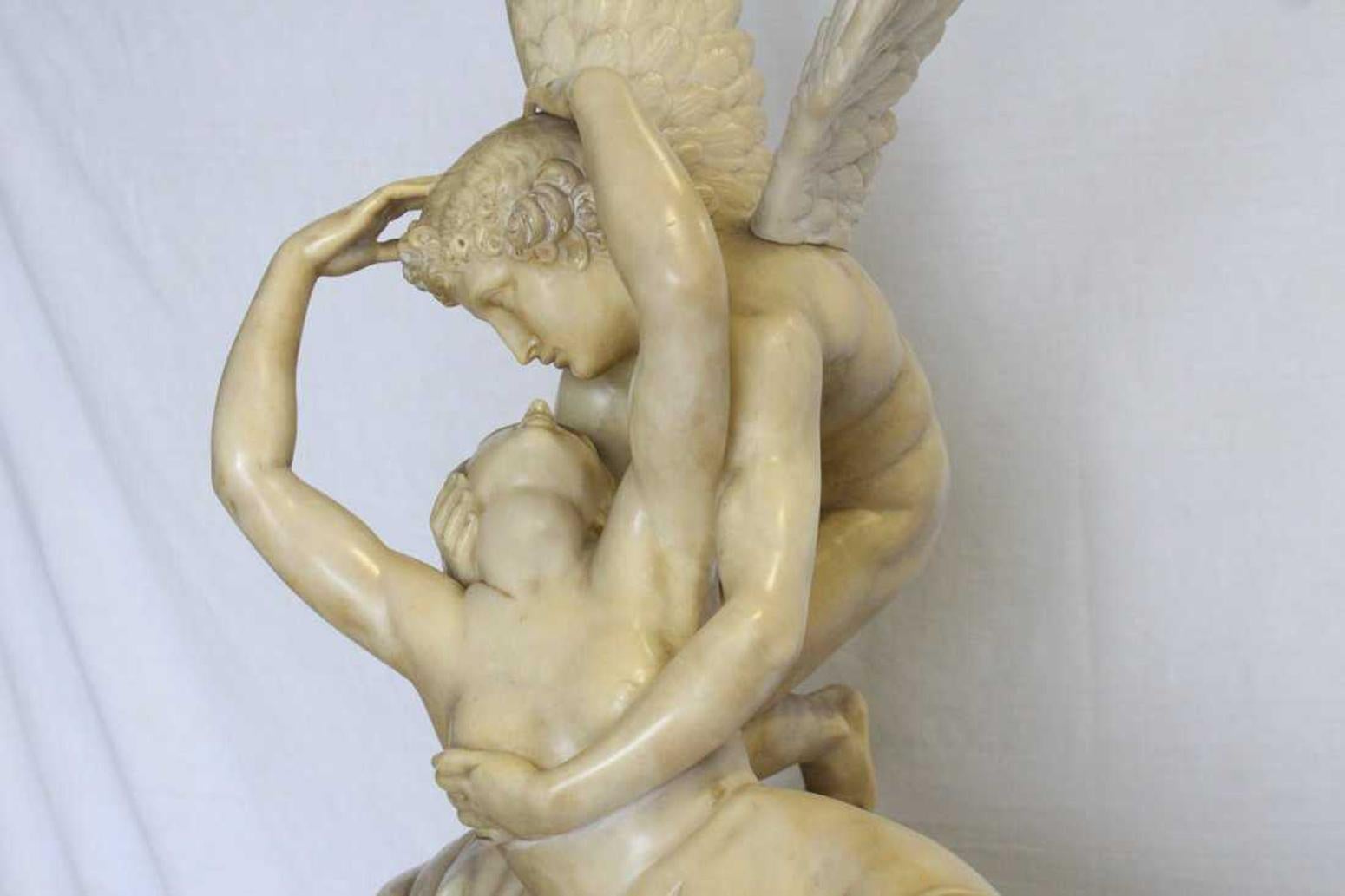 Alabaster Sculpture Psyche and Cupid on Pedestal 1