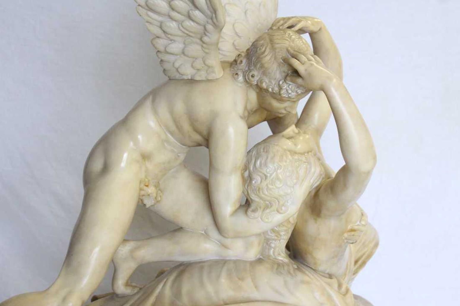 Alabaster Sculpture Psyche and Cupid on Pedestal 3