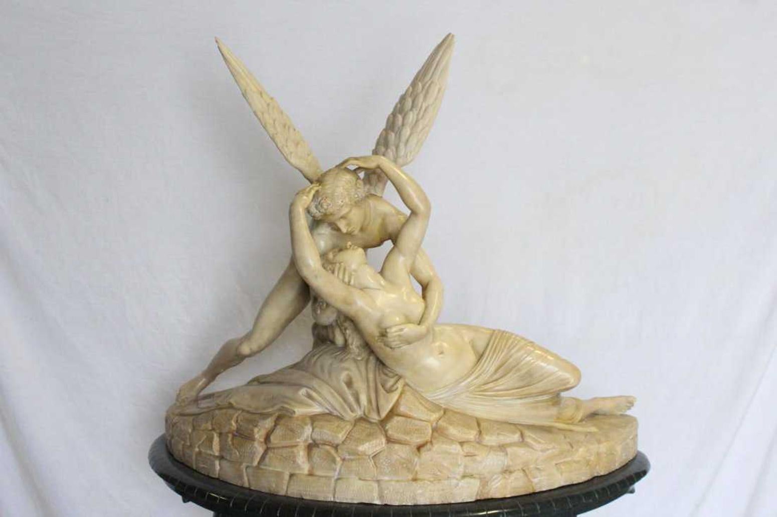 Neoclassical Alabaster Sculpture Psyche and Cupid on Pedestal