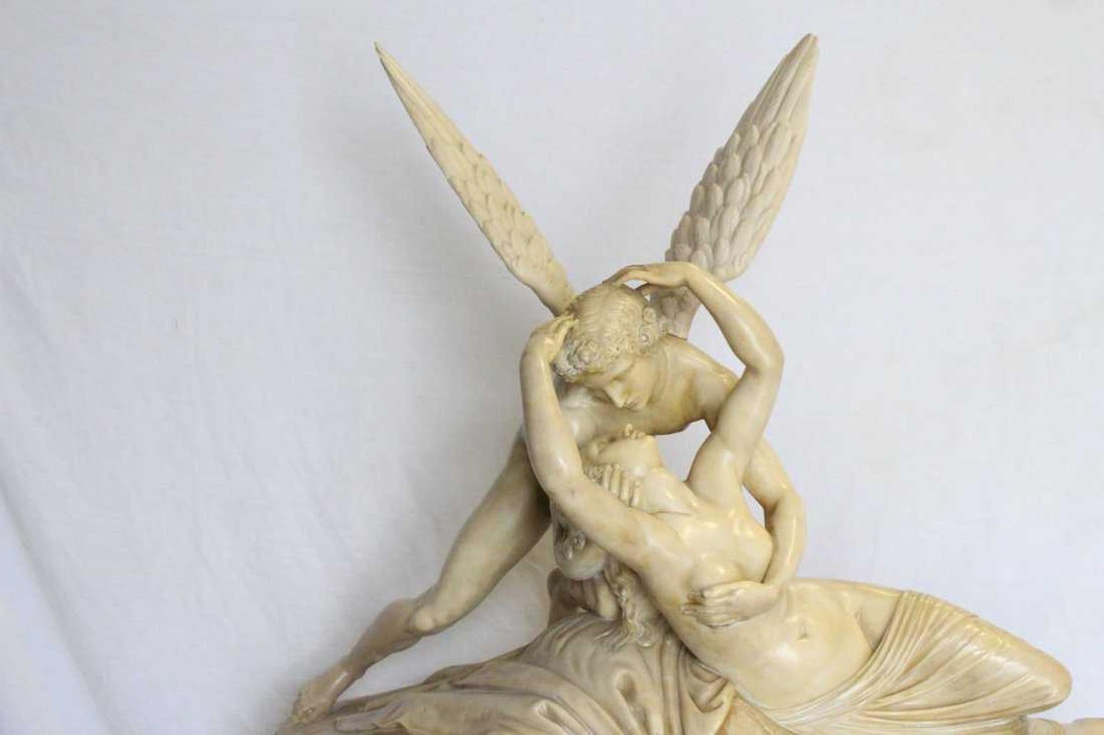 Italian Alabaster Sculpture Psyche and Cupid on Pedestal