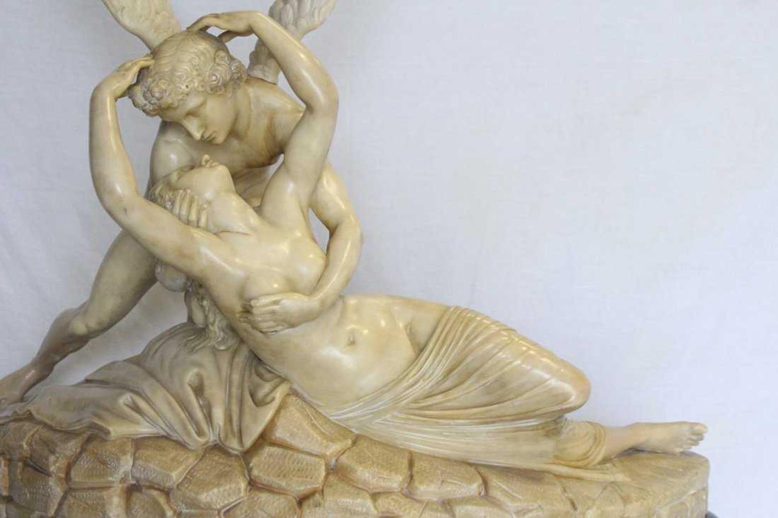 Hand-Carved Alabaster Sculpture Psyche and Cupid on Pedestal