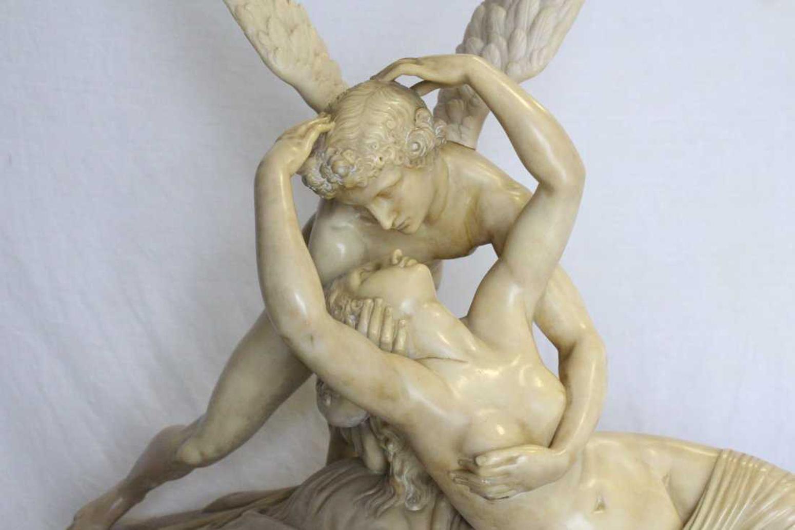 Alabaster Sculpture Psyche and Cupid on Pedestal In Good Condition In Cypress, CA