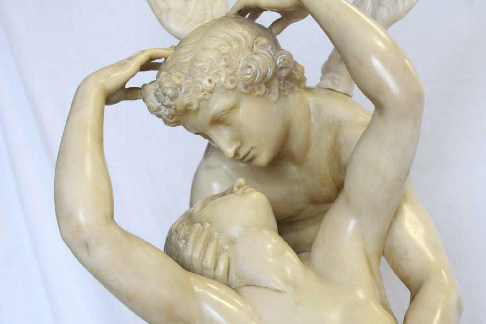 20th Century Alabaster Sculpture Psyche and Cupid on Pedestal