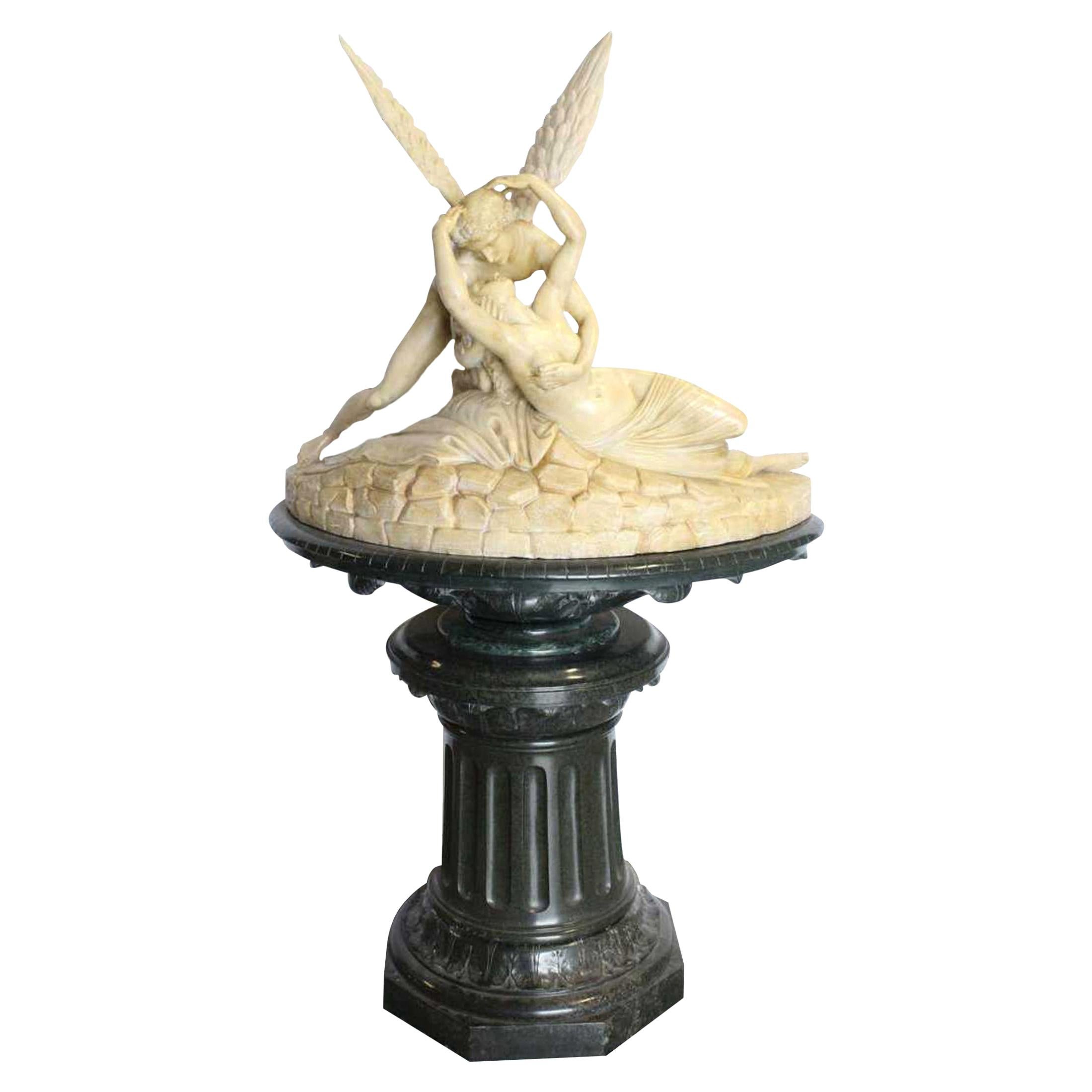 Alabaster Sculpture Psyche and Cupid on Pedestal