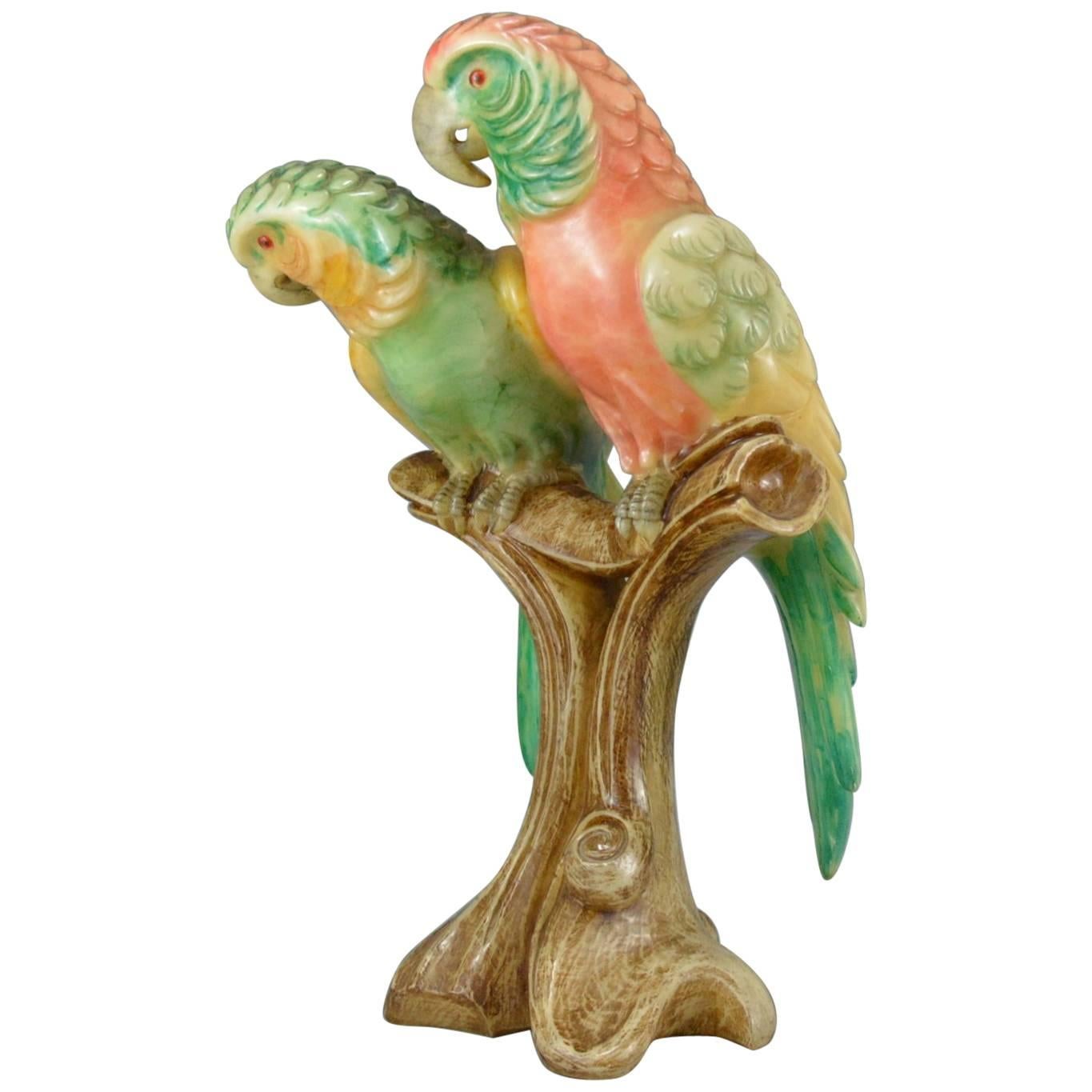 Alabaster Sculpture Representing a Couple of Parrots