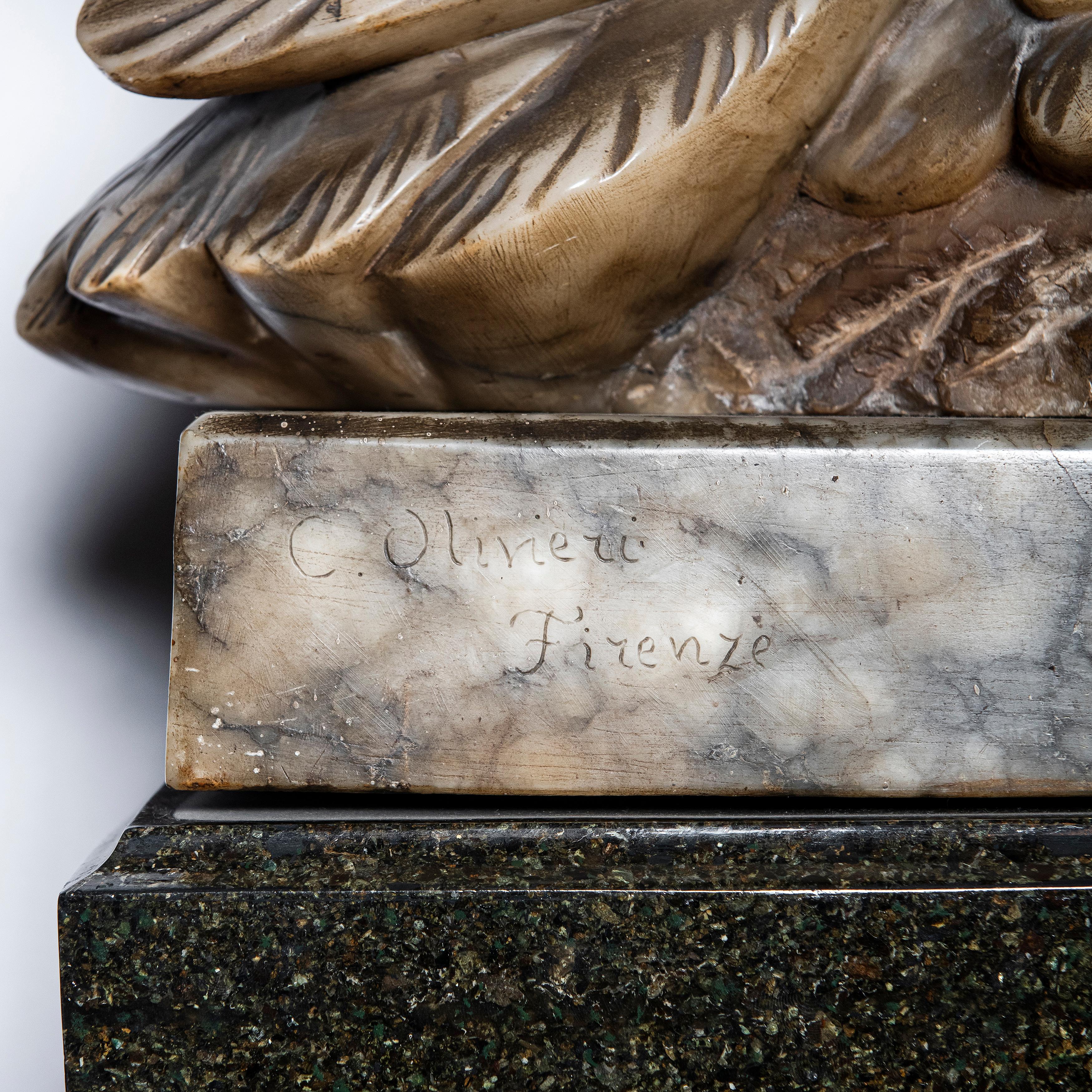 Italian Alabaster Sculpture Signed C. Olivieri with Marble Pedestal, Italy, circa 1900 For Sale