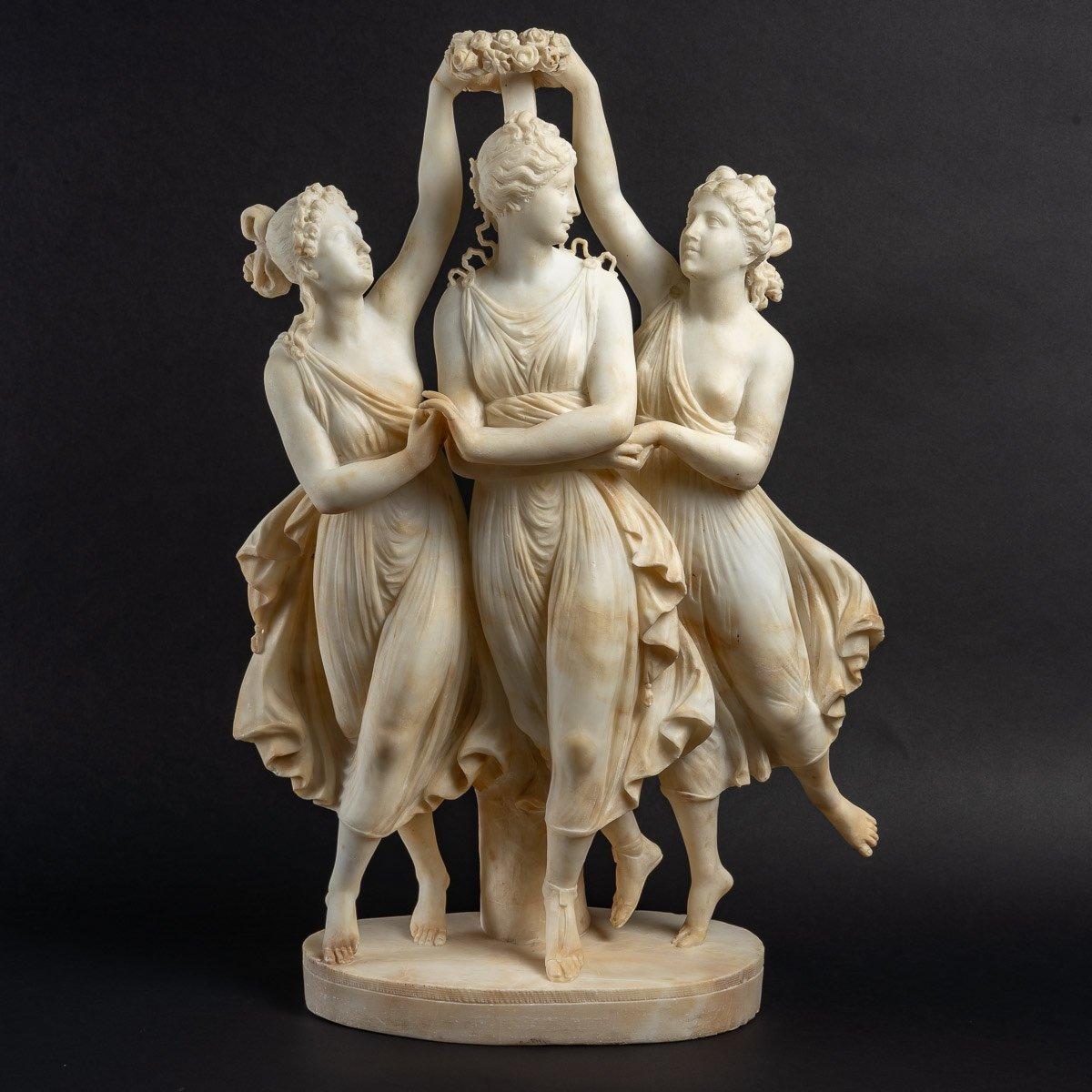 Alabaster Sculpture The Three Graces, end of the 19th Century.
Alabaster sculpture of the Three Graces, late 19th century, representing the Three Graces after Antonio Canova.
Measures: H: 62 cm, W: 43 cm, D: 25 cm.
ref 3335