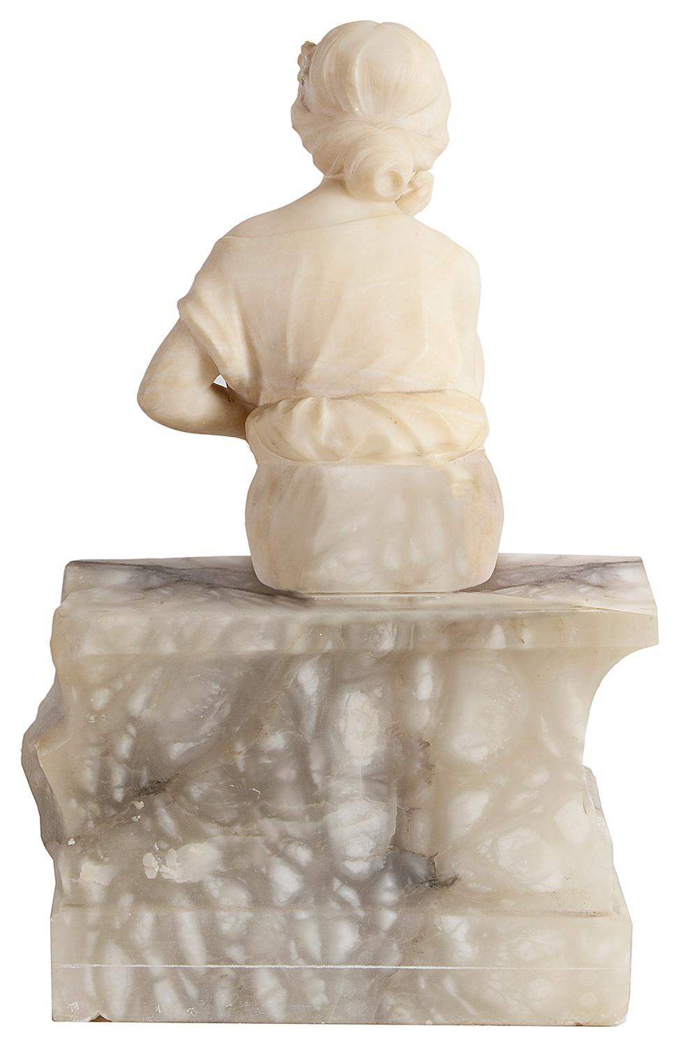 Romantic Alabaster Statue of Young Seated Girl, 19th Century