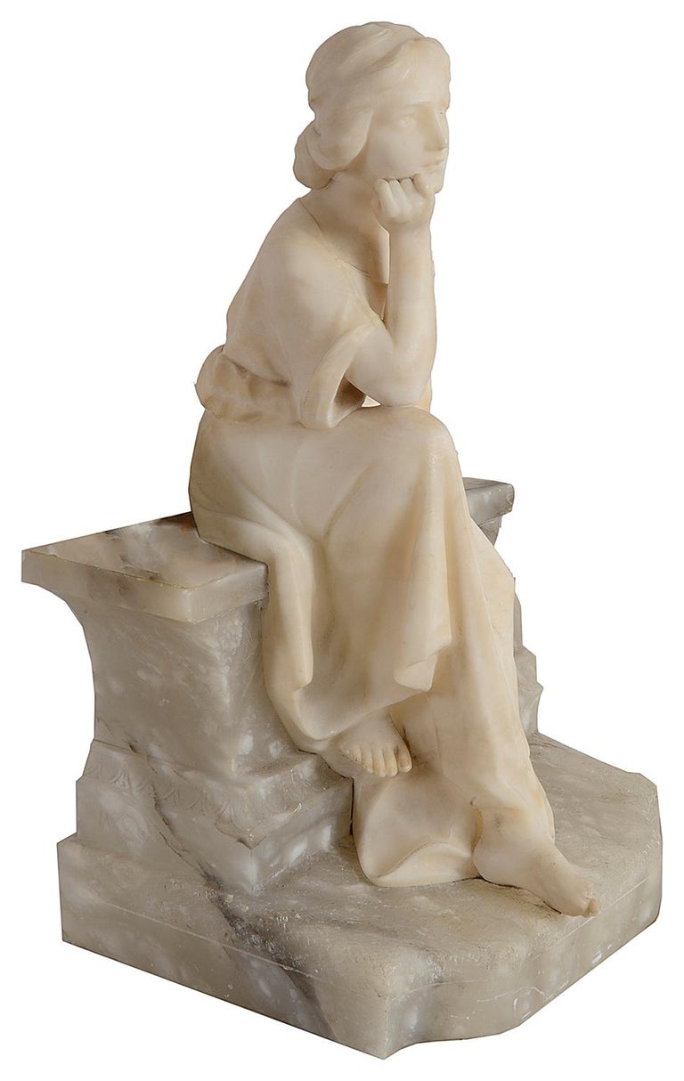 Hand-Carved Alabaster Statue of Young Seated Girl, 19th Century