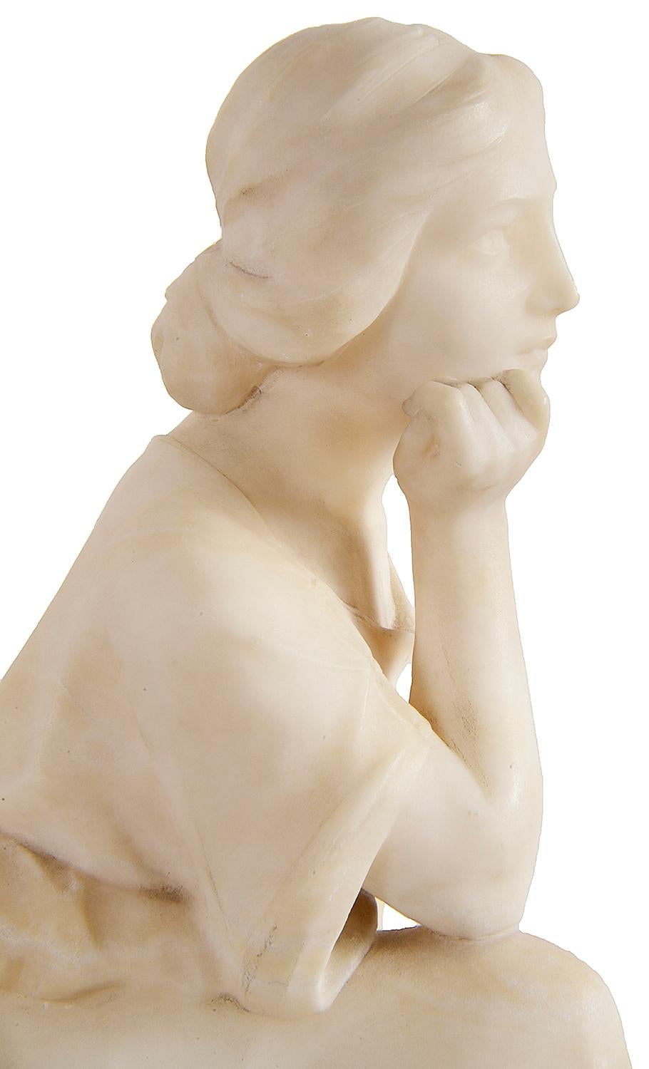 Hand-Carved Alabaster Statue of Young Seated Girl, 19th Century