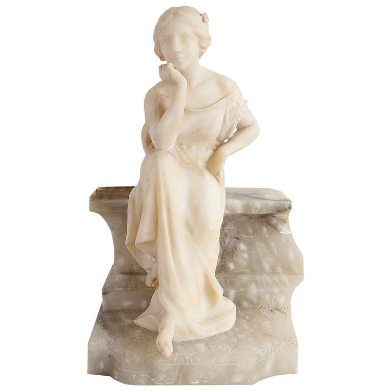 Alabaster Statue of Young Seated Girl, 19th Century