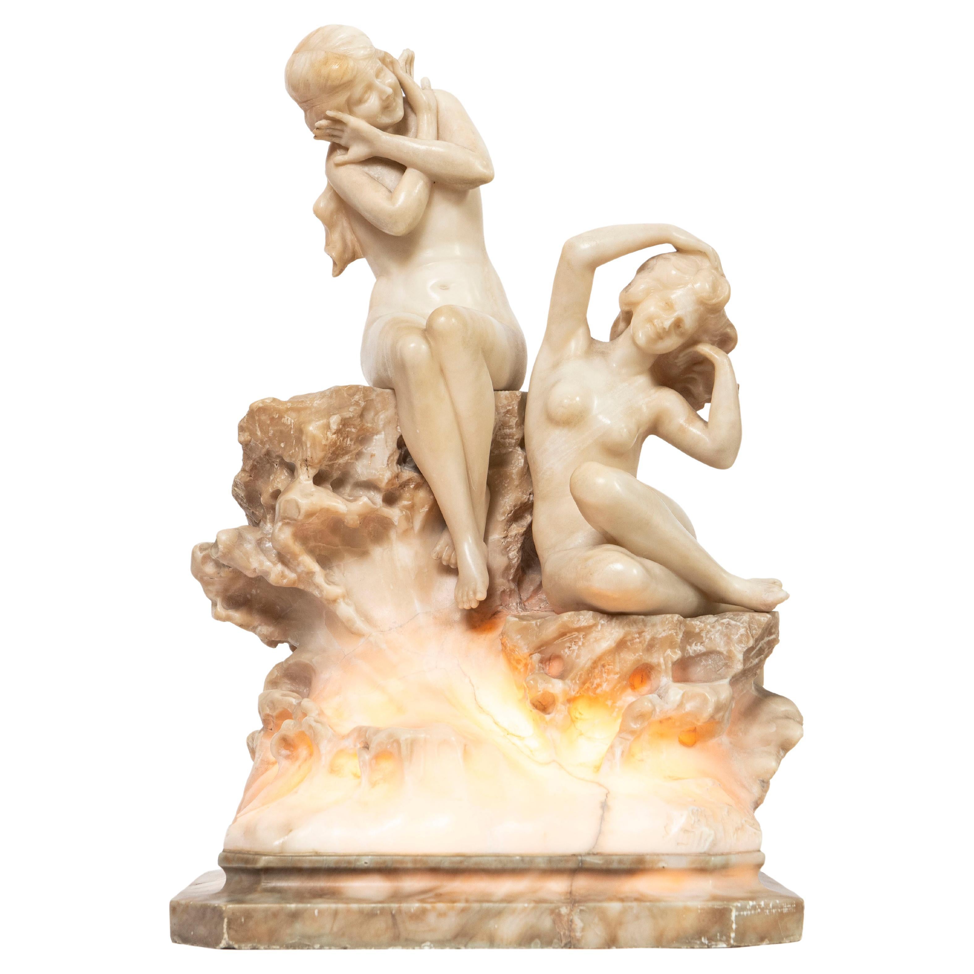 Alabaster Table Lamp Sculpture Attributed to Bastiani, Italy, Late 19th Century For Sale