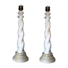 Art Deco White Alabaster Table Lamps  Natural   Barley Twist Form  Italy,