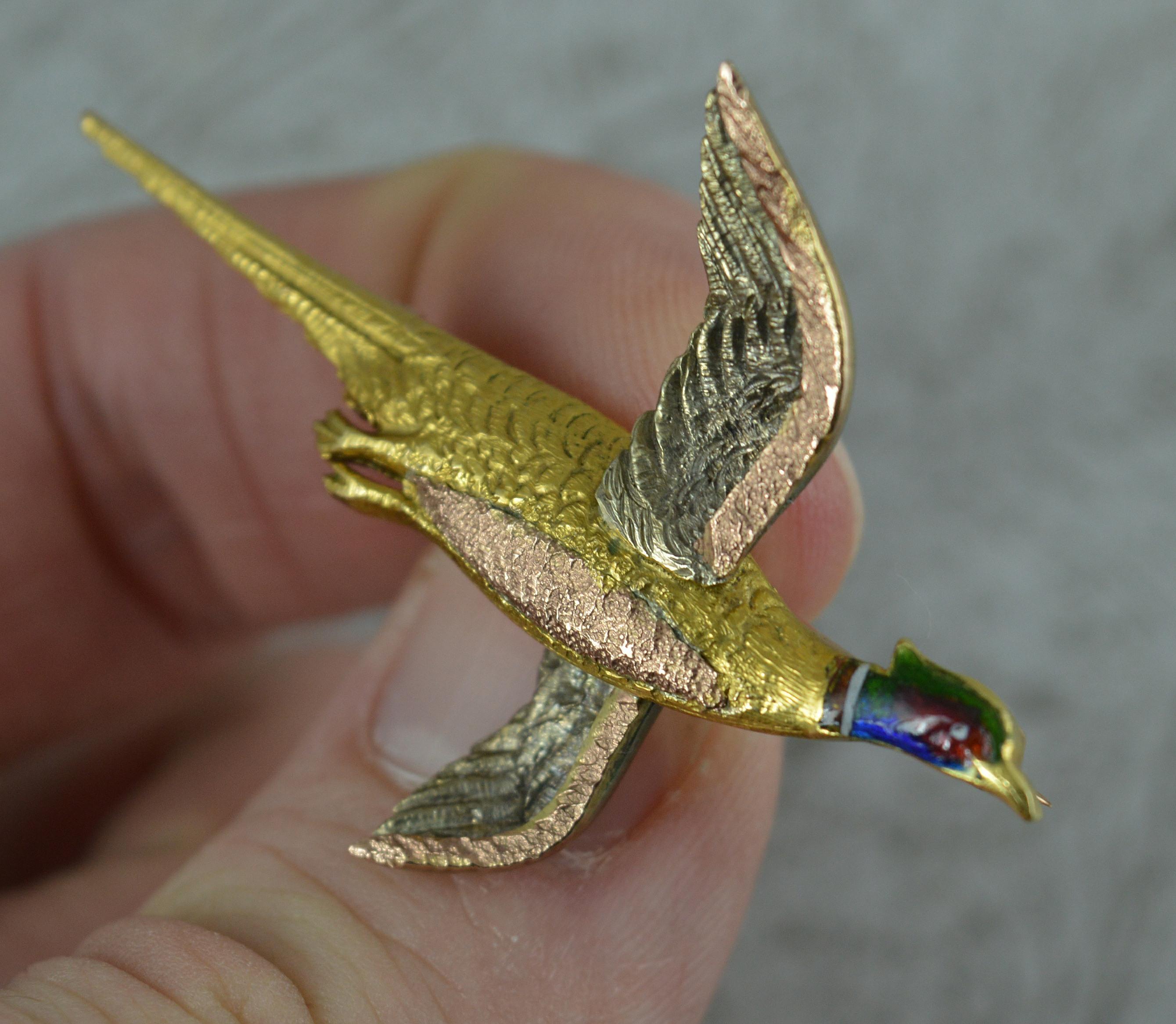 Victorian Alabaster and Wilson Tri Color 9 Carat Gold amd Enamel Pheasant Bird Brooch