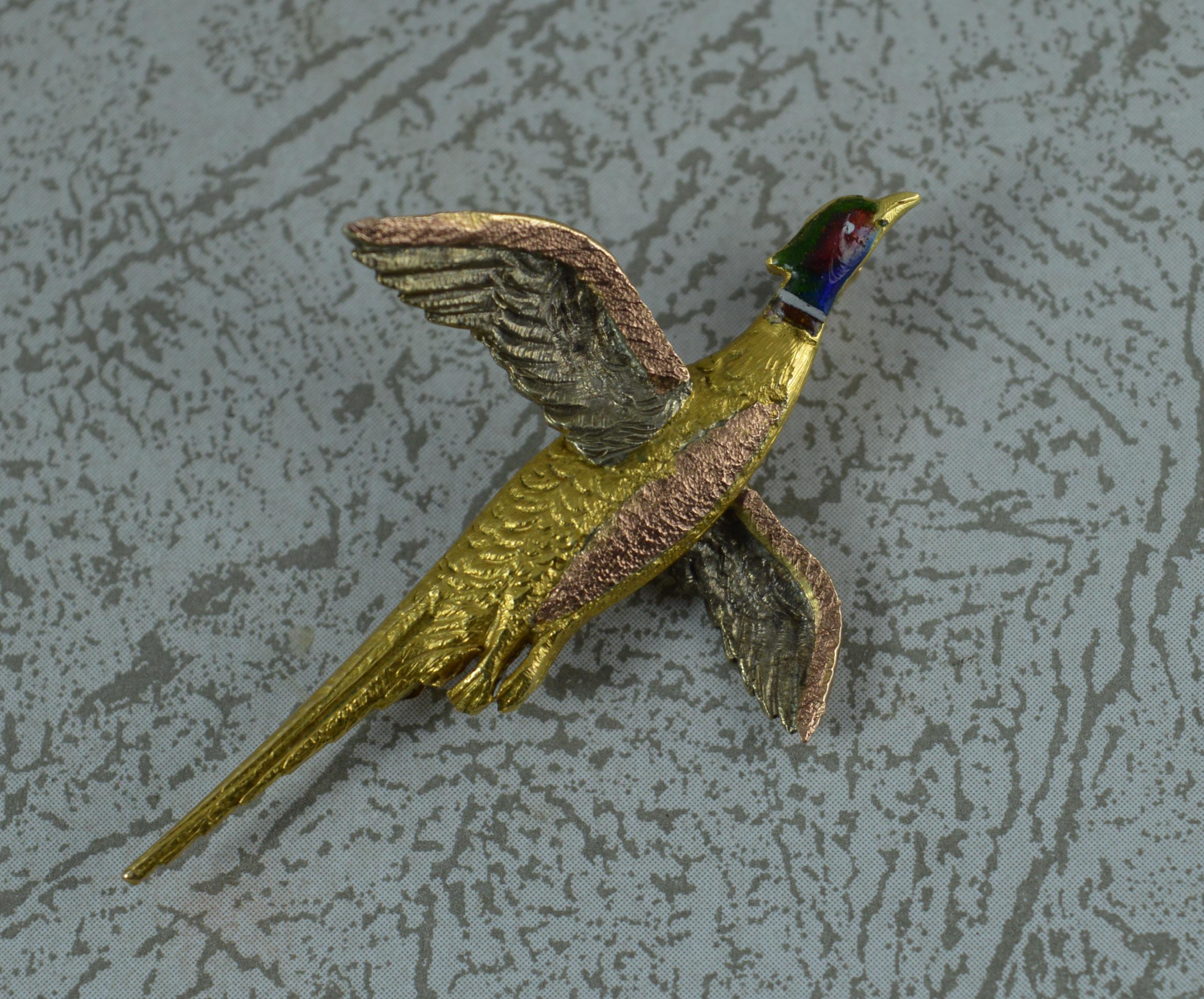 Alabaster and Wilson Tri Color 9 Carat Gold amd Enamel Pheasant Bird Brooch In Excellent Condition In St Helens, GB